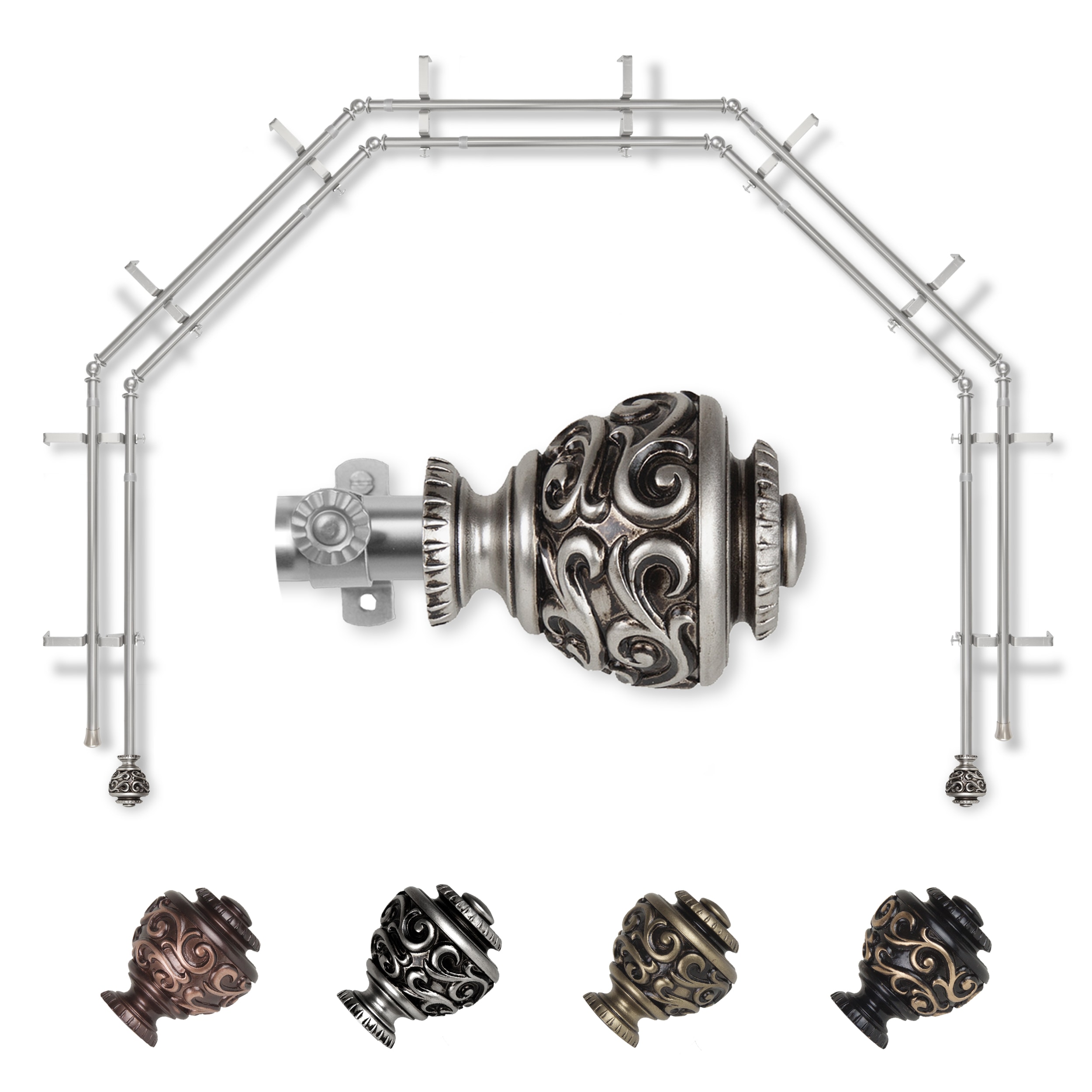 Hart & Harlow L-5BAY-89-5D Gianna 5-Sided Double Bay Satin nickel Steel Bay window curtain rod with Finials