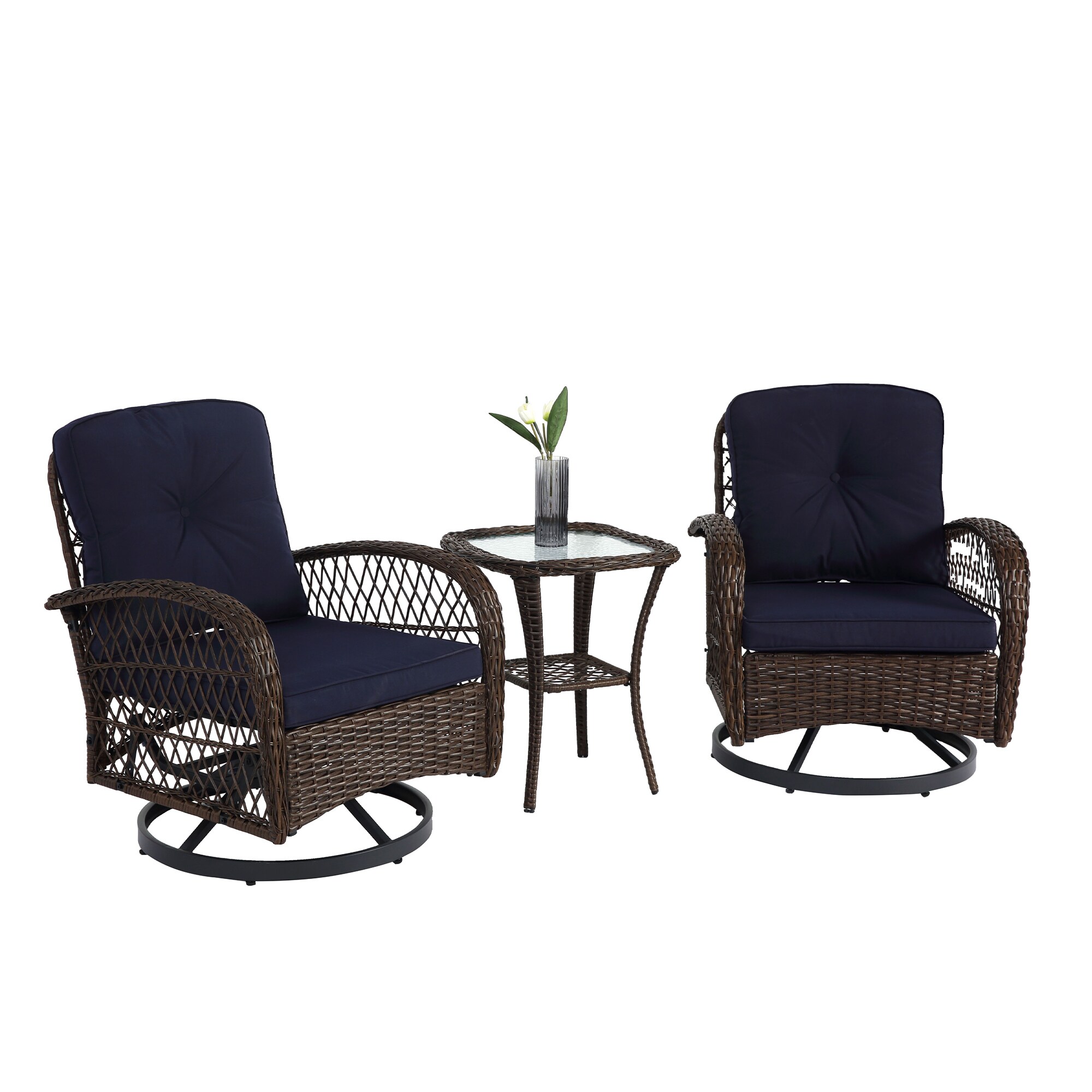 LIVIZA GIGP263674 Set of 2 Rattan Brown Steel Frame Stationary Conversation Chair with Blue Cushioned Seat