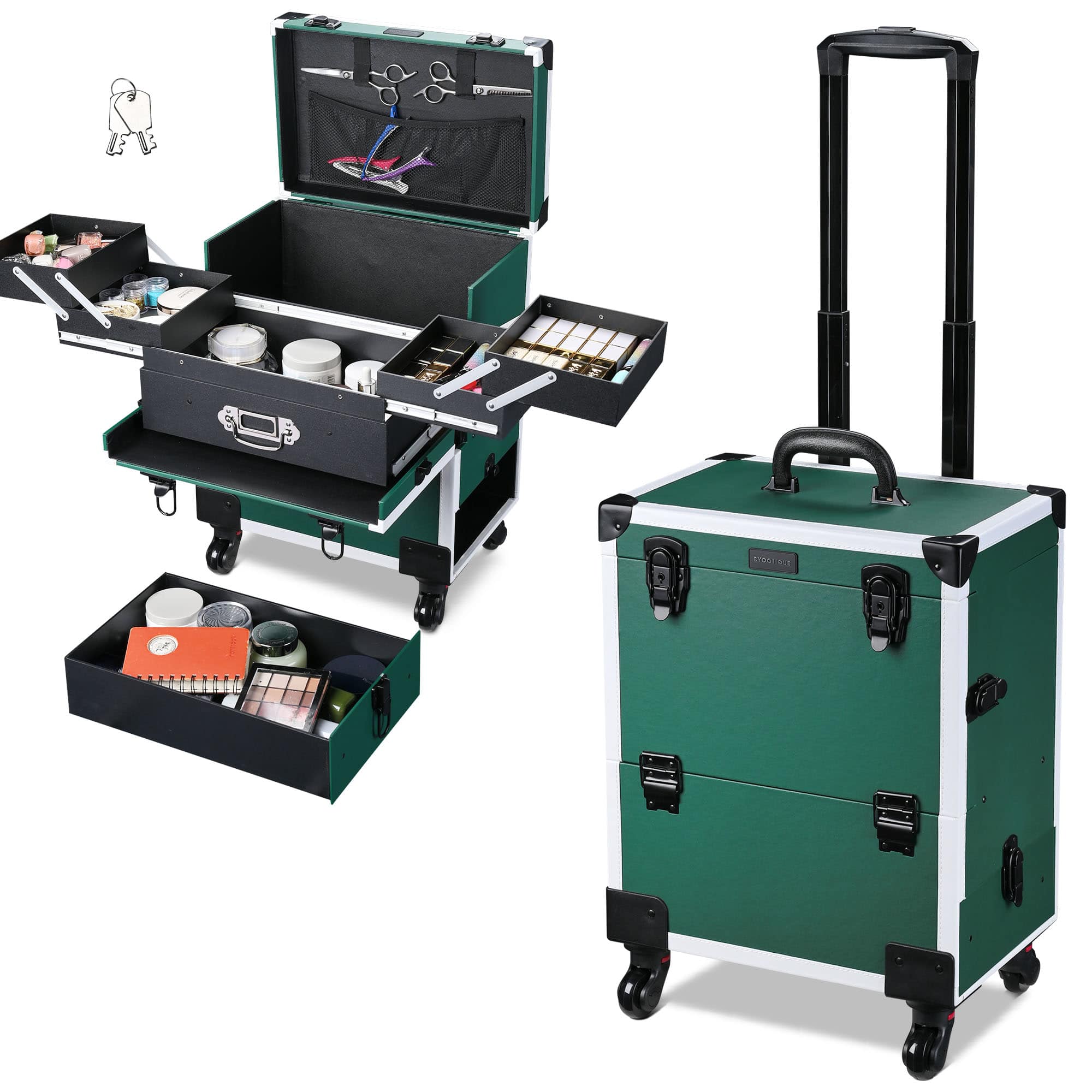 Yescom 12MKC056-DWR-RL-4-LO Byootique 18 inch Rolling Makeup Train Case Cosmetic Organizer Trolley Lockable Vanity