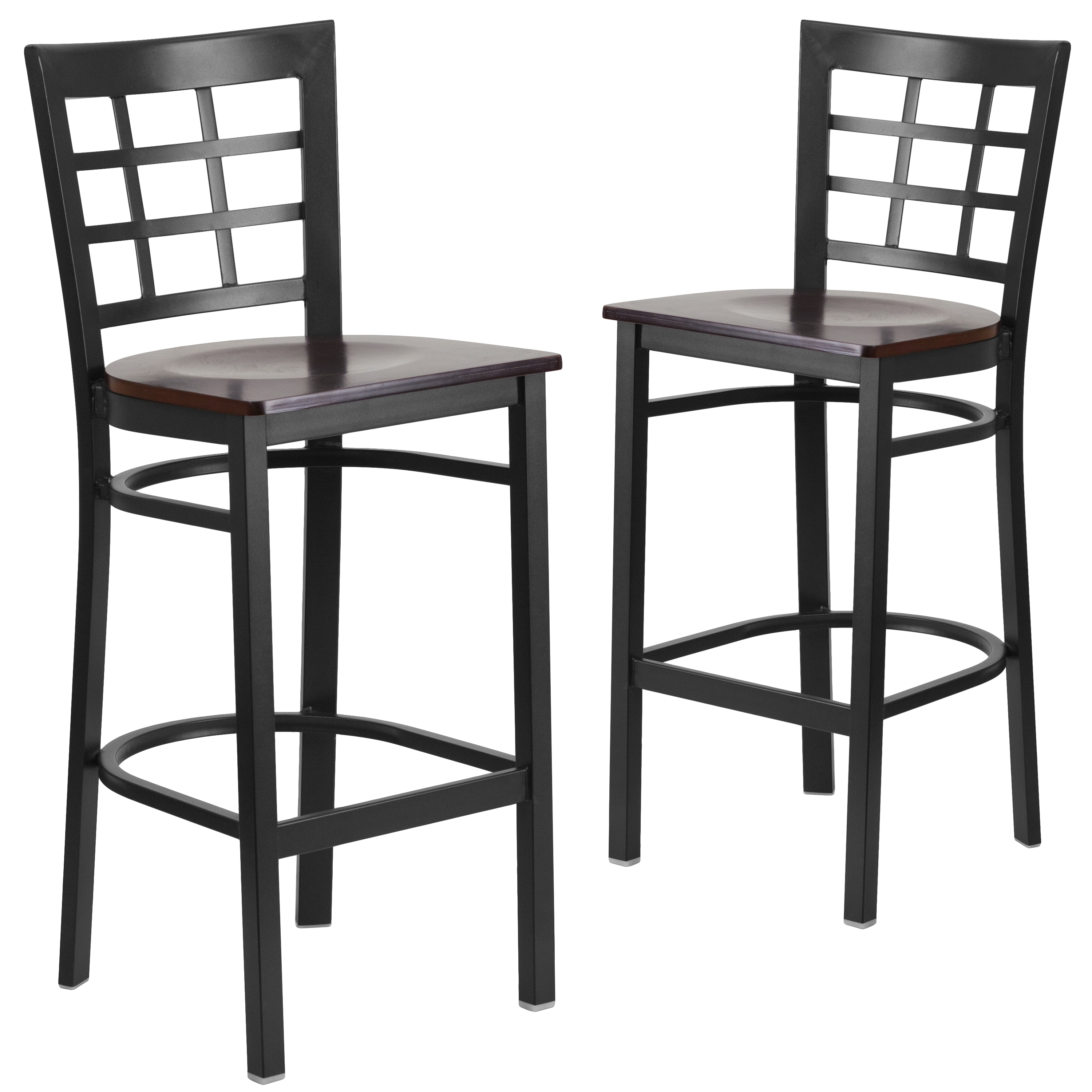 Emma + Oliver - 2 Pack Black Window Back Metal Restaurant Barstool - Walnut Wood Seat