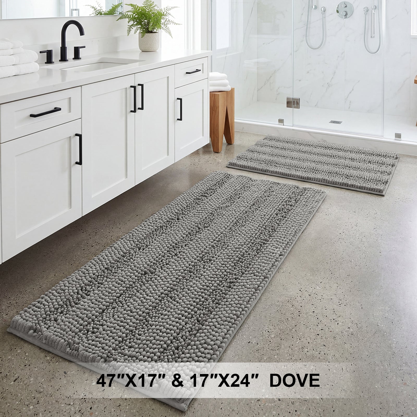 H.Versailtex  Dove Chenille Bath Rug Set 2Piece ExtraThick Striped Shaggy Bath Mats with NonSlip Backing 17 x 24 in