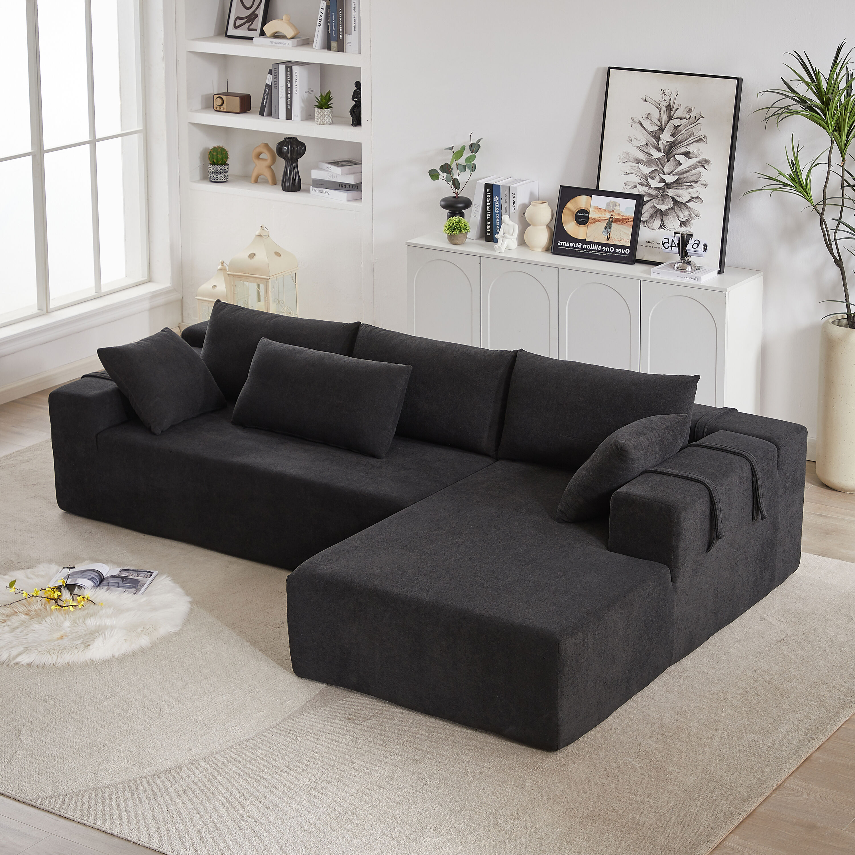 Tatayosi XJ Modern Chenille Upholstered Sectional Sofa Couch Set Modular 108inches L Shaped Sectional Living Room Sofa Set With 6 Pillows Free Combination Sofa Couch for Living Room Bedroom(Right Chaise)