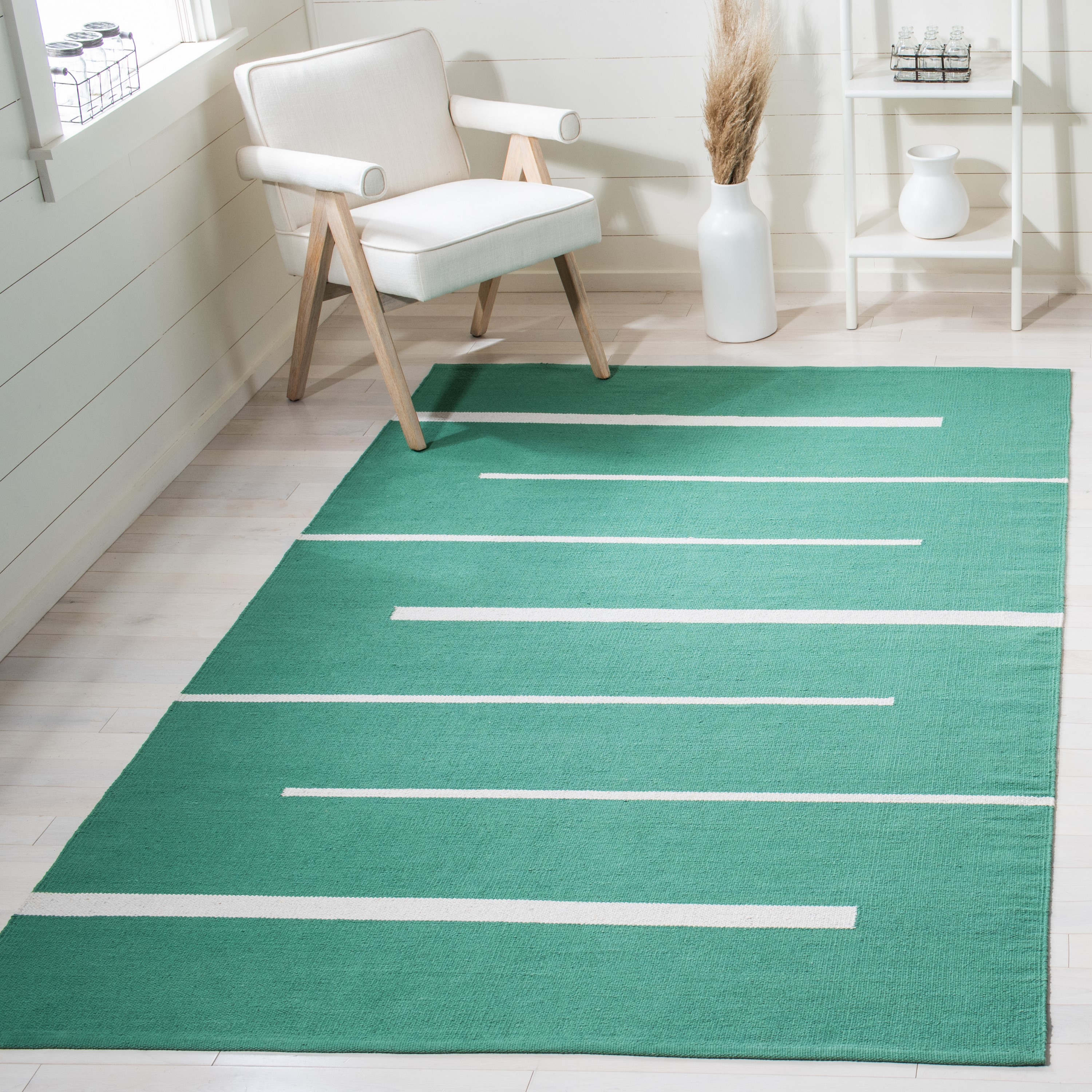 Safavieh MTK311Y-3 Montauk Odoarda 3 x 5 (ft) Cotton Dark Green/Ivory Rectangular Indoor Stripe Bohemian/Eclectic Throw rug