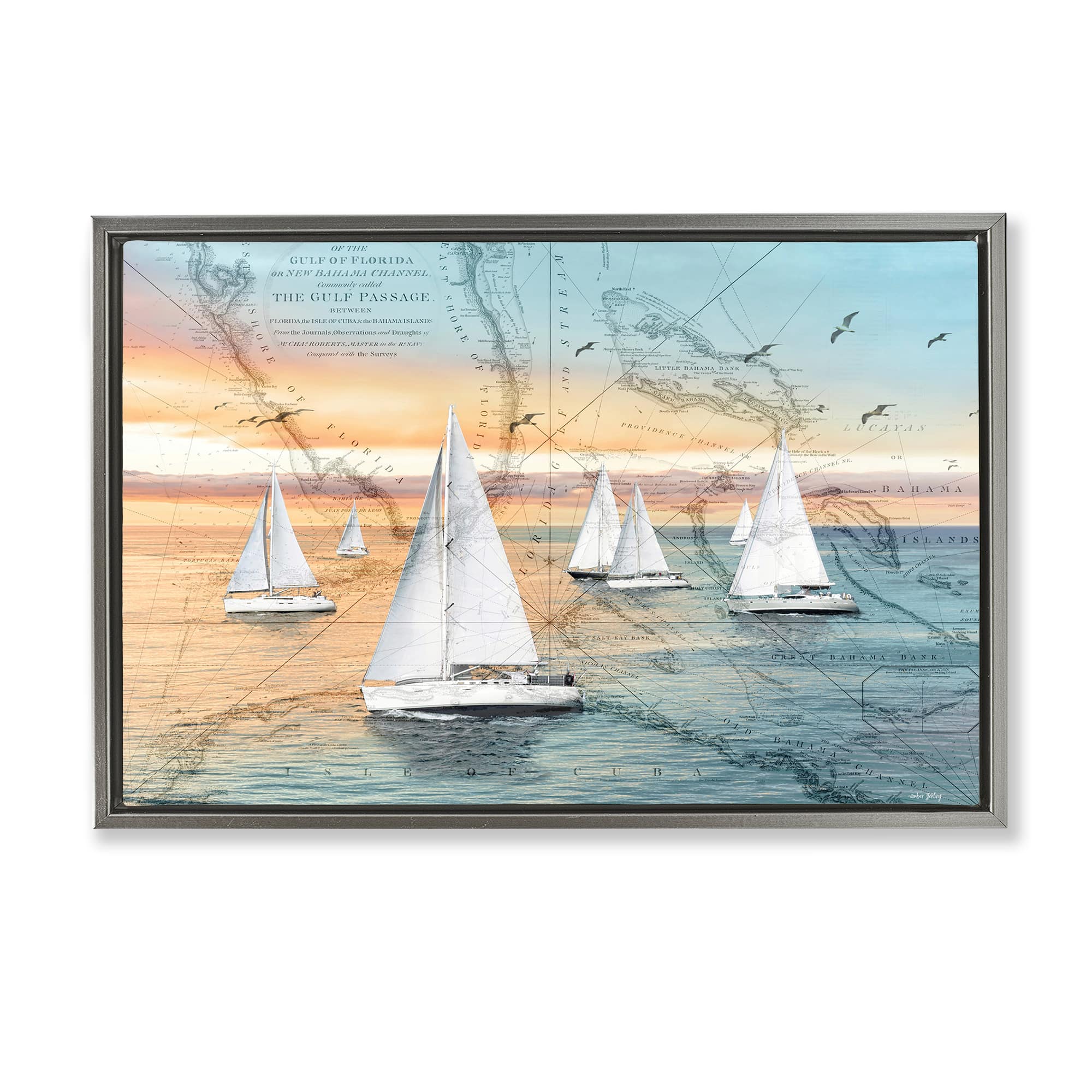 Stupell Industries BT-549-FFL-16X24 Nautical Ships and Vintage Map Gray Framed Floater Canvas Wall Art By Amber Sterling 25 x 17
