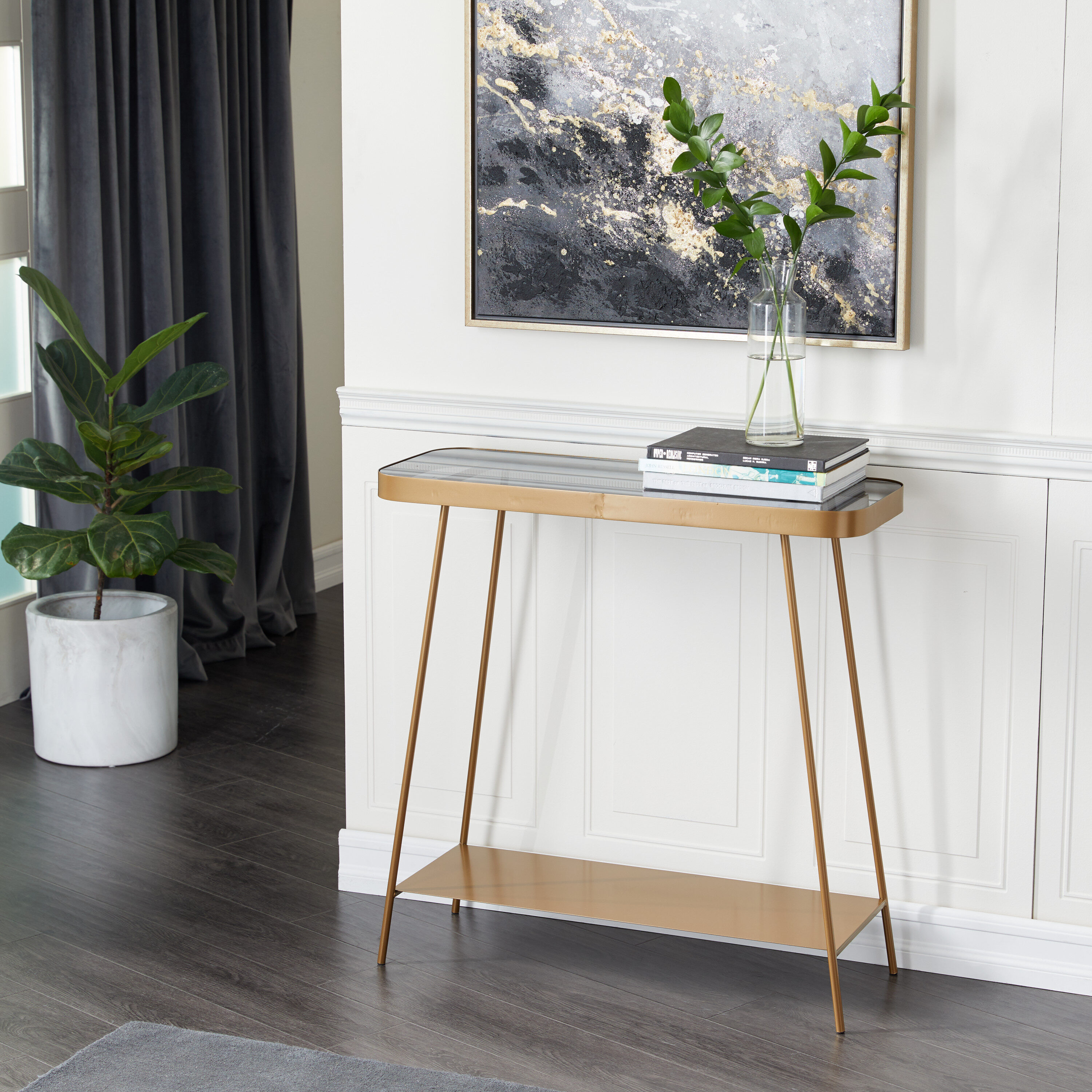 Grayson Lane 16415 Modern 32" Gold 1 Shelf with Shaded Glass Top Console table