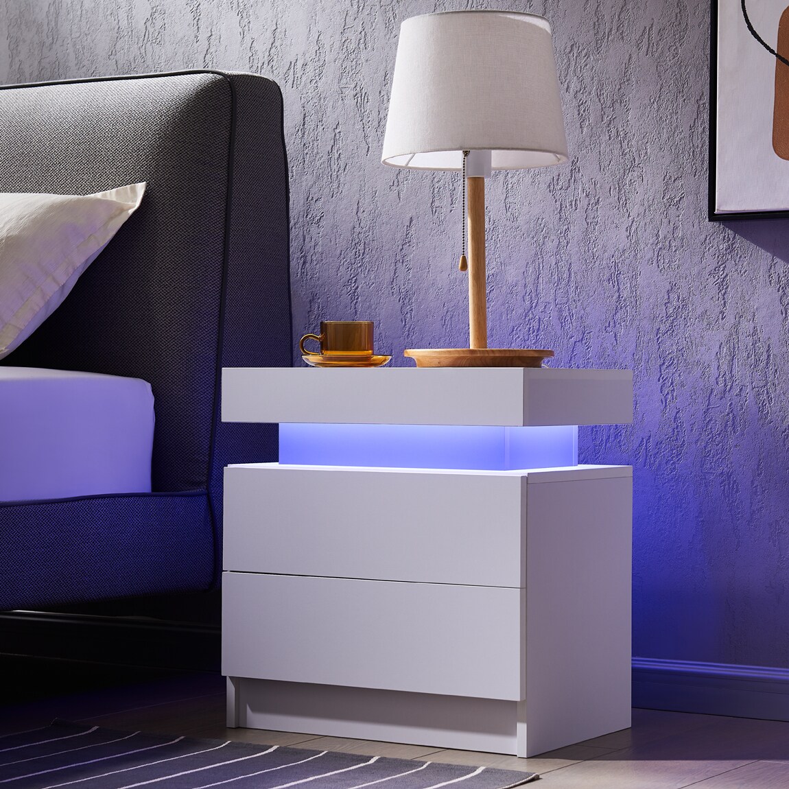 Dexmalle W2178138722 Nightstand LED with 2 Drawers for Bedroom (White)