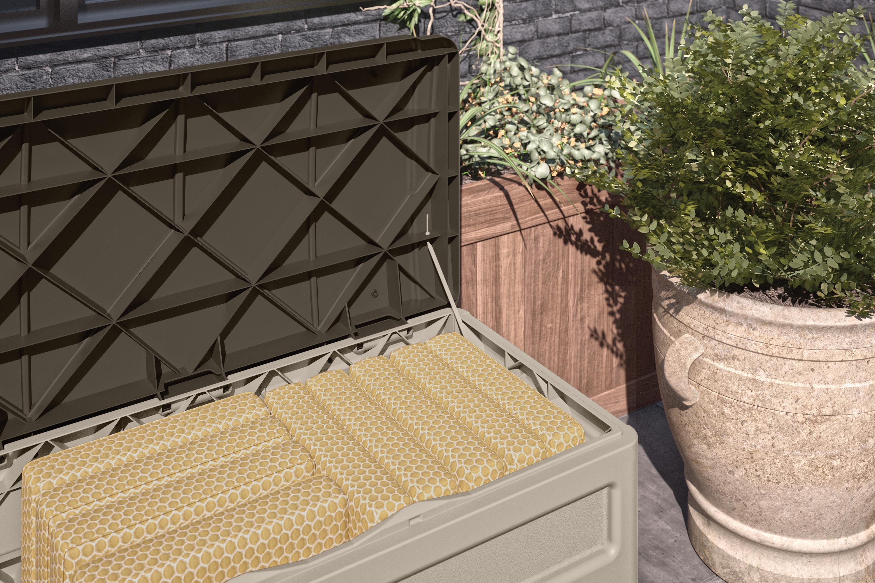 Suncast 46.125-in L x 9.75-in 78-Gallons Taupe Plastic Deck Box