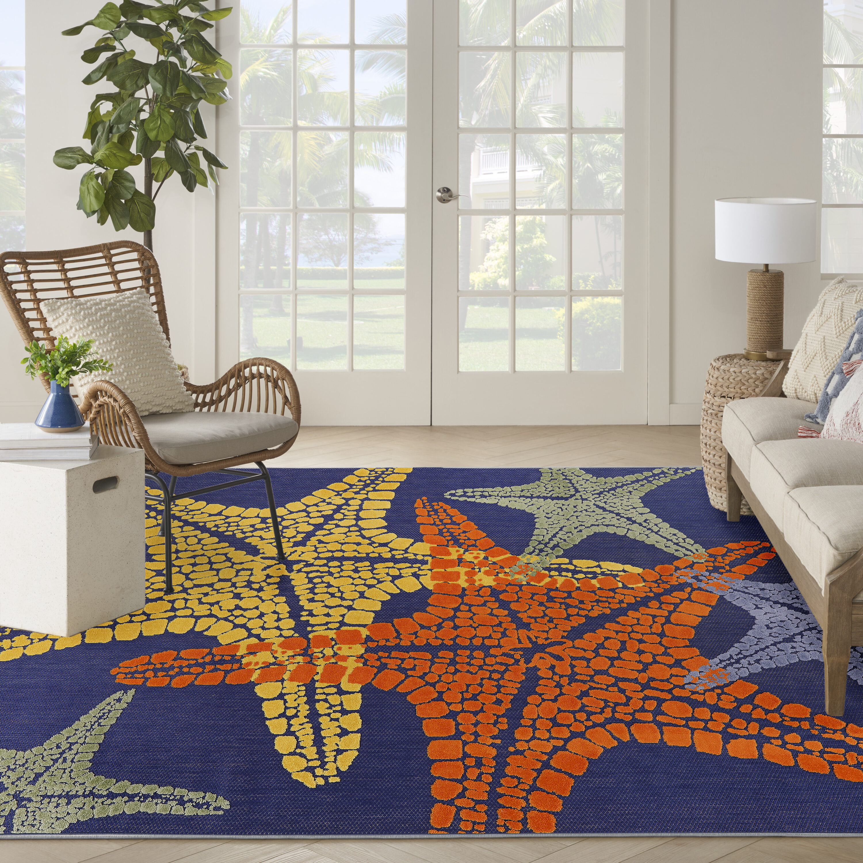 Nourison Home 099446921772 Aloha 8 x 11 (ft) Loomed Polypropylene Blue Multicolor Rectangular Indoor/Outdoor Animal print Tropical Area rug