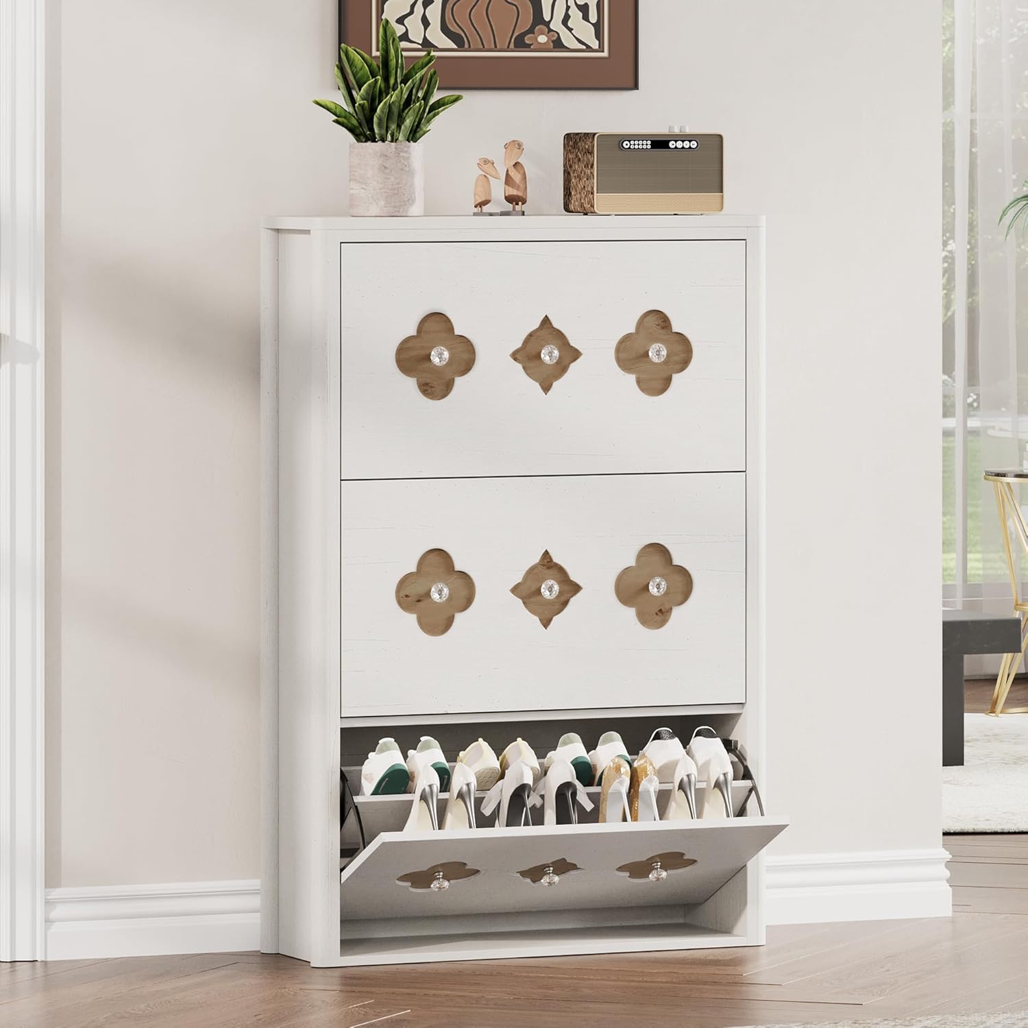 Garvee Shoe Cabinet with 3 Flip Drawers Hidden Shoe Cabinet with Hollow Out Flower Pattern Freestanding Slim Shoe Organizer Cabinet with Diamond Shaped Handles for Entryway Hallway White #OYF-PHK-36EJLYGL