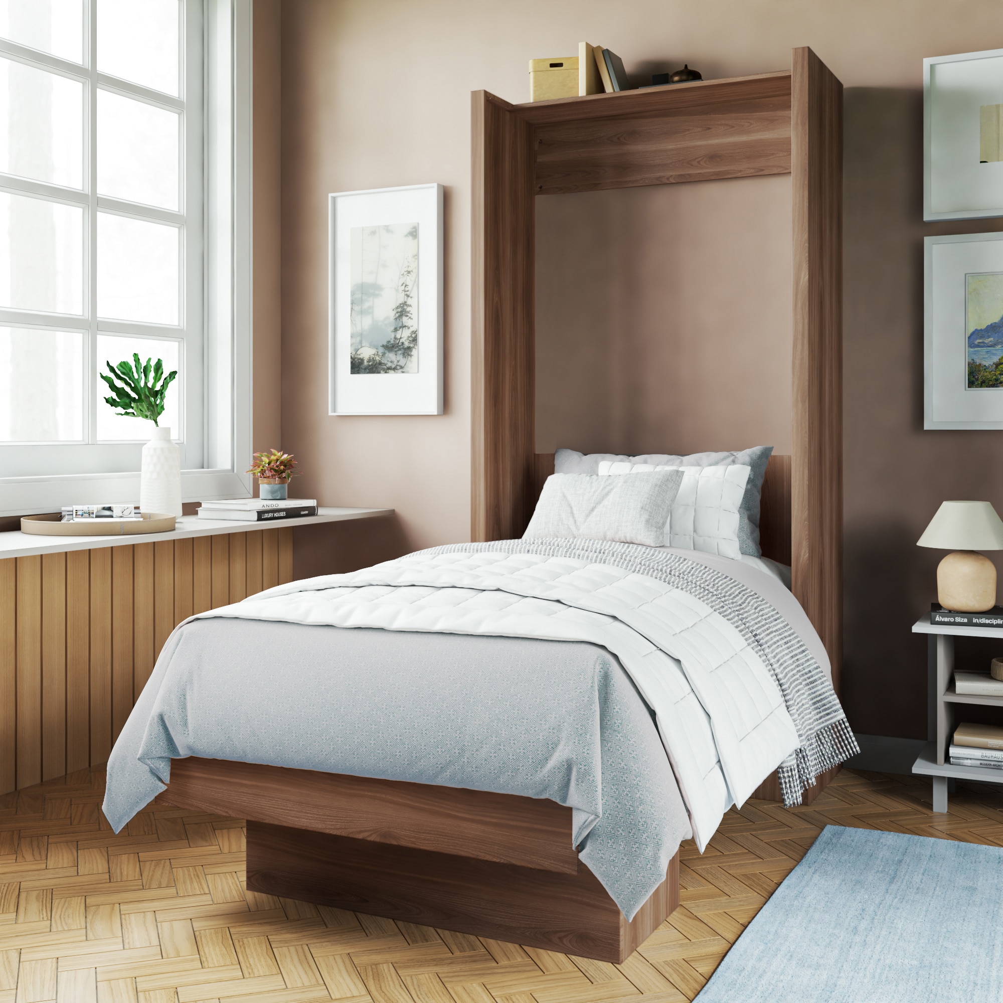 Oakland Living LILA-BED-TW-BN High Quality Brazilian Wall Bed Brown Twin Wood veneer Murphy Bed with Storage