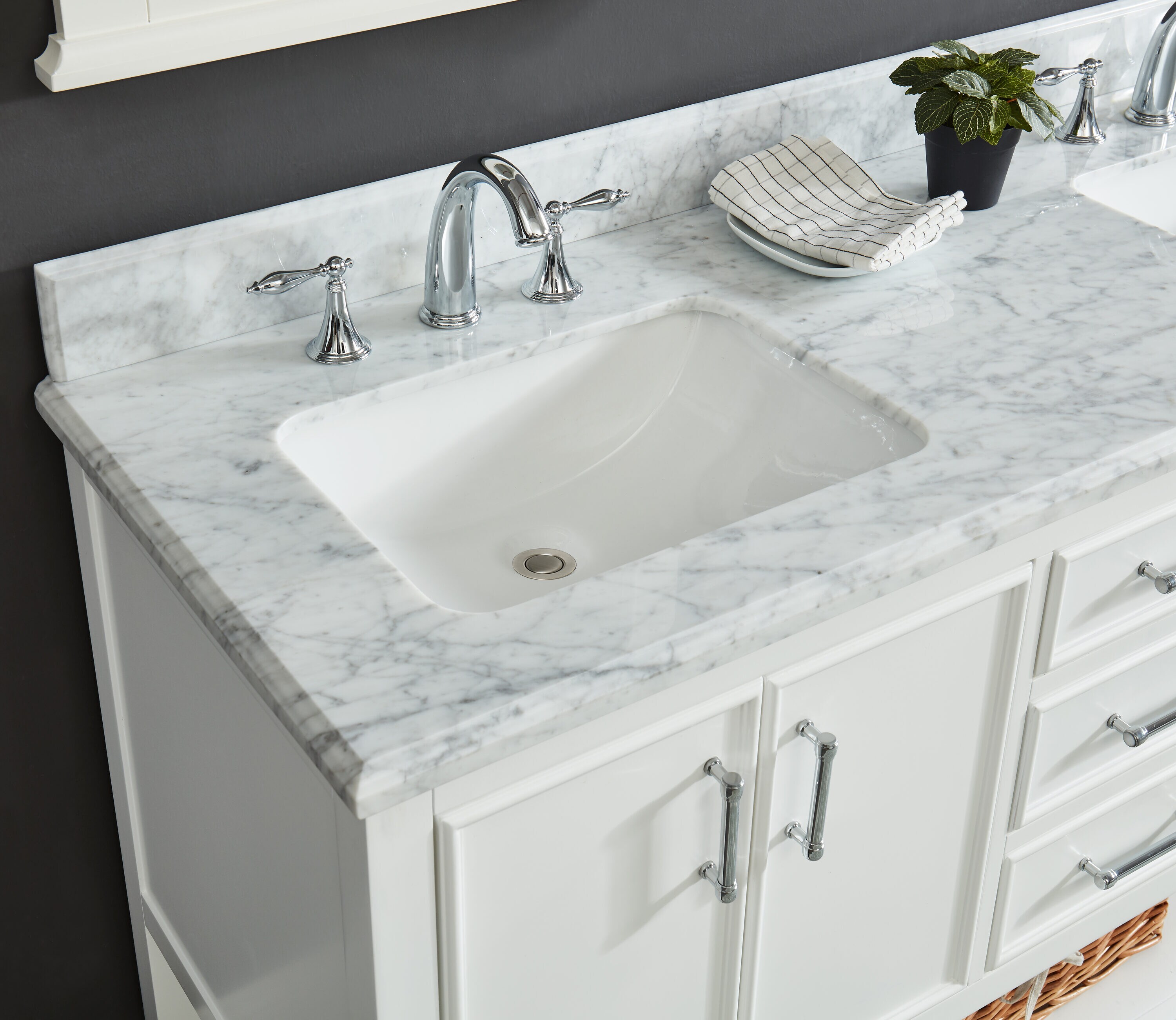 ᐅ【Sydney 60Bathroom Vanity with Engineered Marble White Carrara Color top  8 faucet holes, Double Rectangle Undermount Sinks, 2 Soft Closing Doors and  4 full Extension Dovetail Drawers