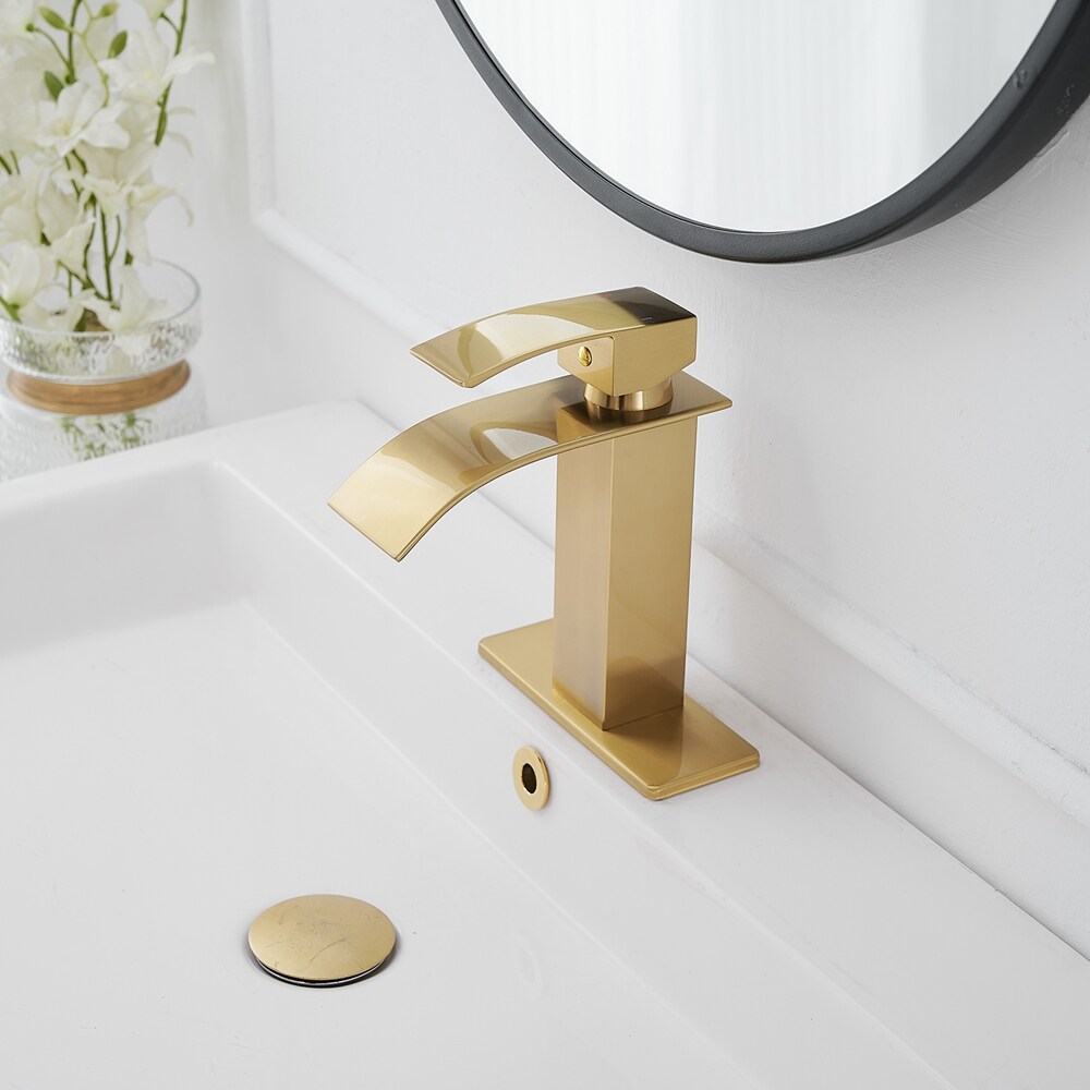 Brushed Gold Single Handle Low-Arc Bathroom Faucet with Drain
