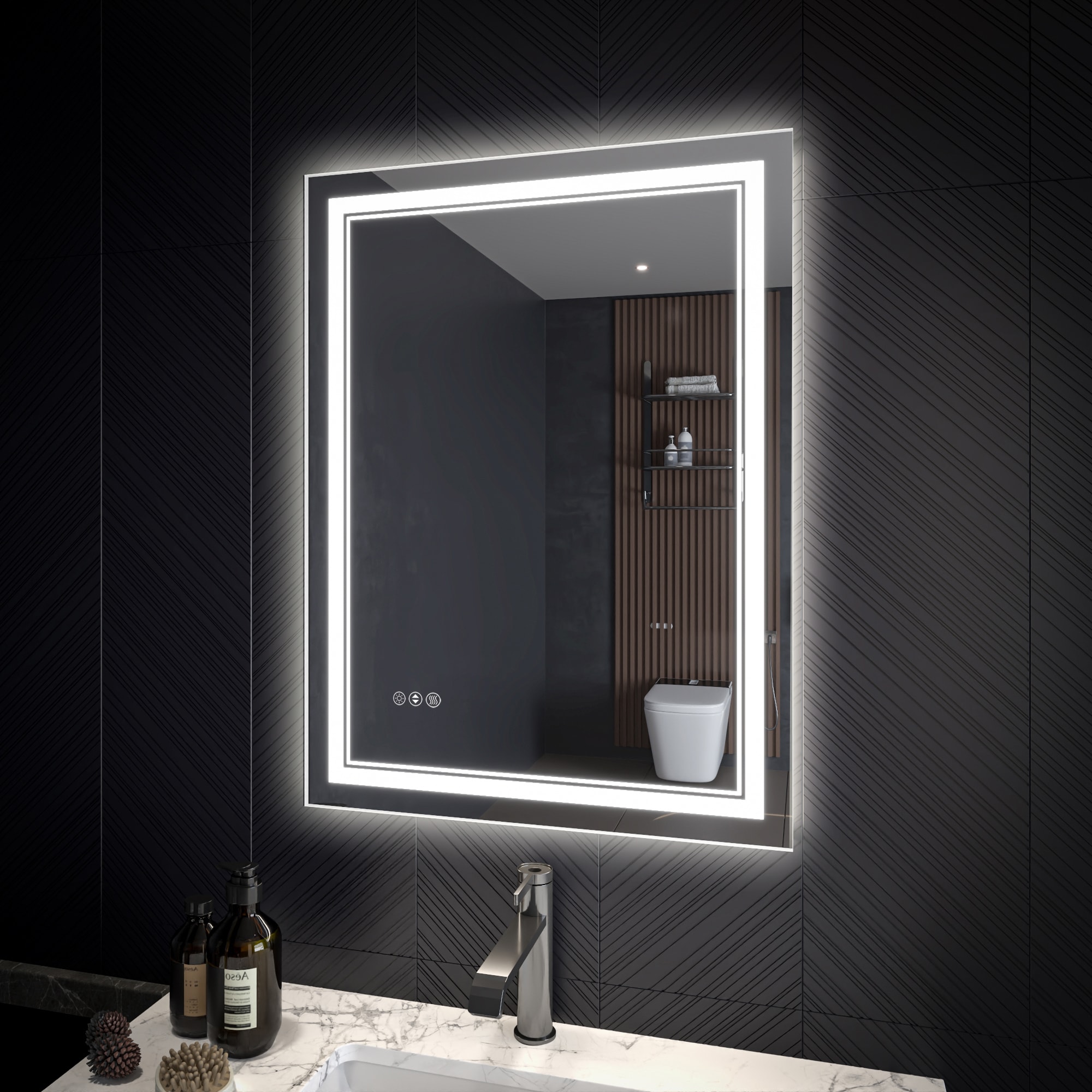 AAZJ HS LED Lighted Mirror 24-in x 32-in Polished Frameless Rectangle Dimmable LED Lighted Fog Free Bathroom Vanity Mirror ( White )