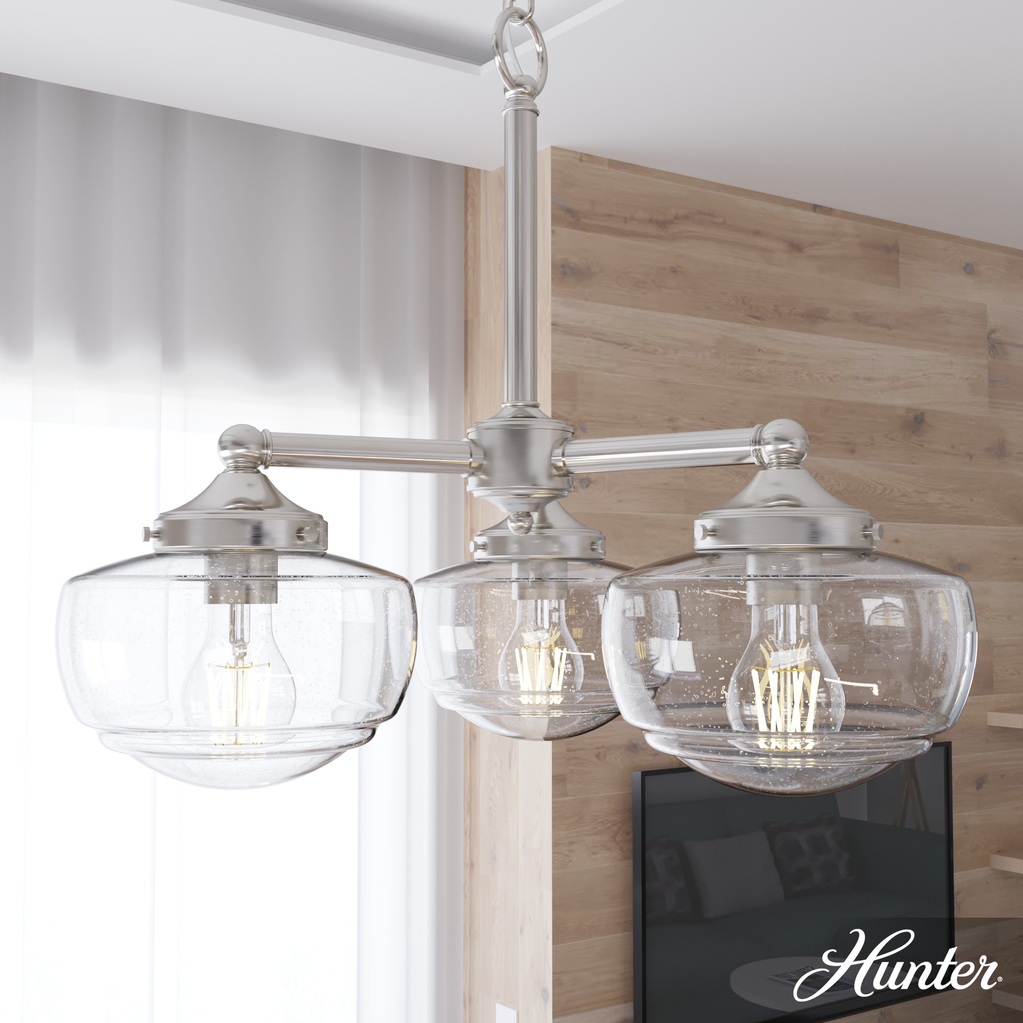 Hunter 19356 Saddle Creek 3 -Light Brushed Nickel Transitional For Use in Bedrooms, Dining Rooms, Foyers, Kitchens, Living Rooms Chandelier