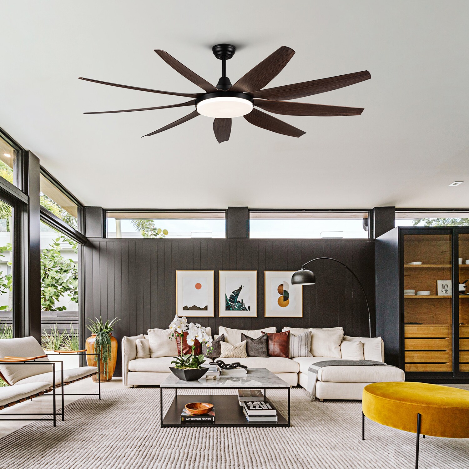 SINOFURN SYA820128BK 71-Inches Brown with Brown Blades Indoor Downrod mount Standard Ceiling Fan Light kit compatible and Remote ( 9 -Blade)