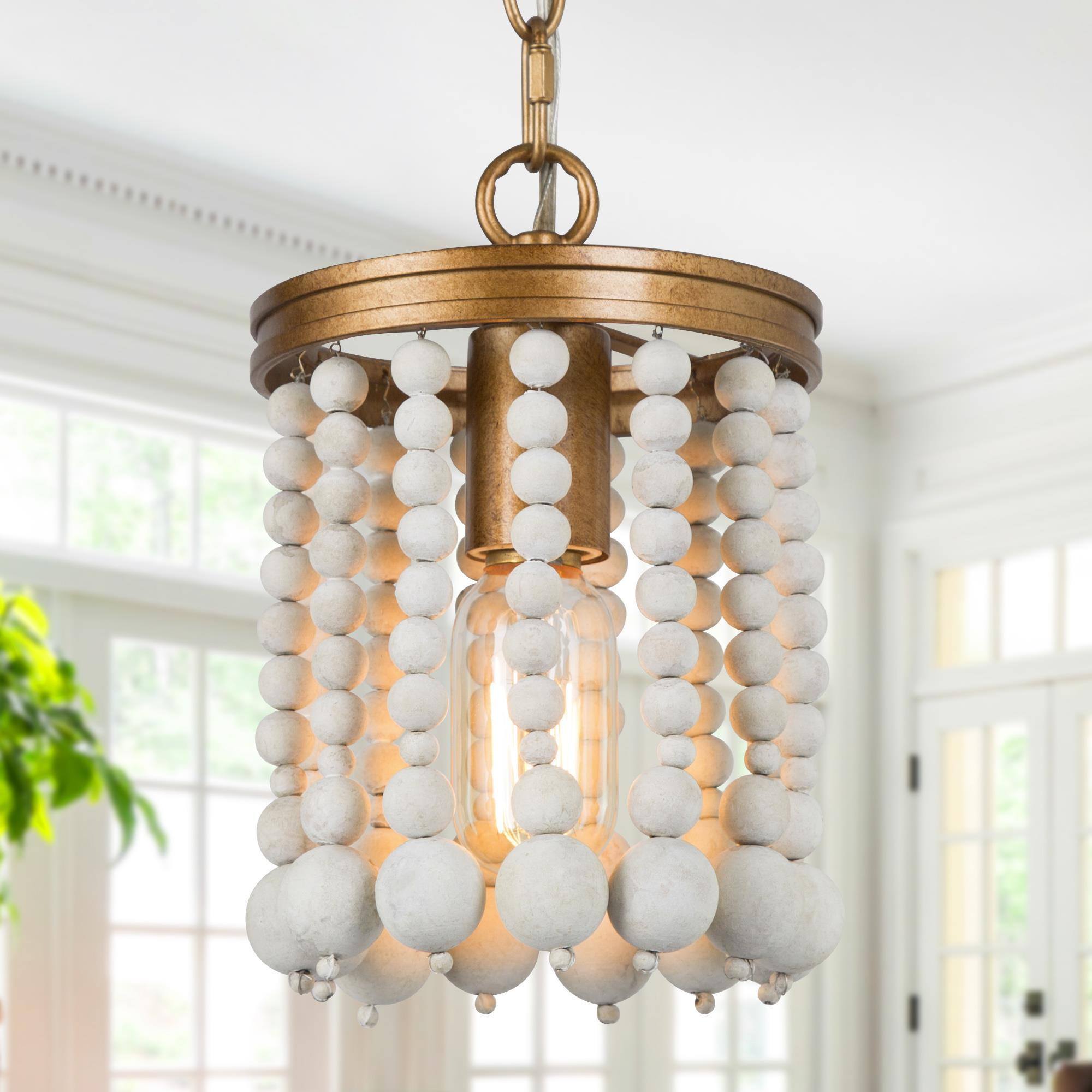 Uolfin NYQ7JF-LWS23871-R7 Antique Gold and and Distressed Wood Beads Farmhouse Cylinder Mini Hanging Kitchen island light