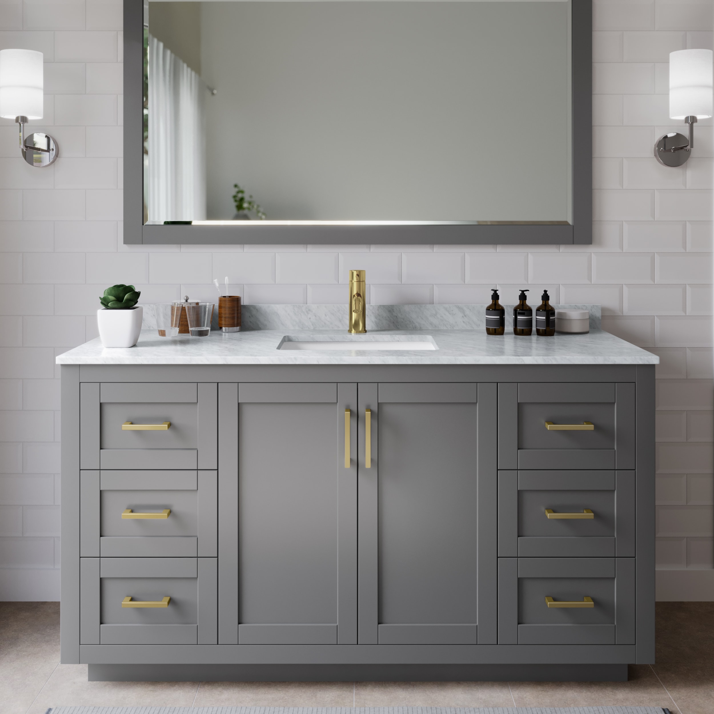 Wyndham Collection WCF292960SGGCMUNSMXX Miranda 60-in Dark Gray with Brushed Gold Trim Undermount Single sink Bathroom Vanity with White Carrara Marble Marble Top
