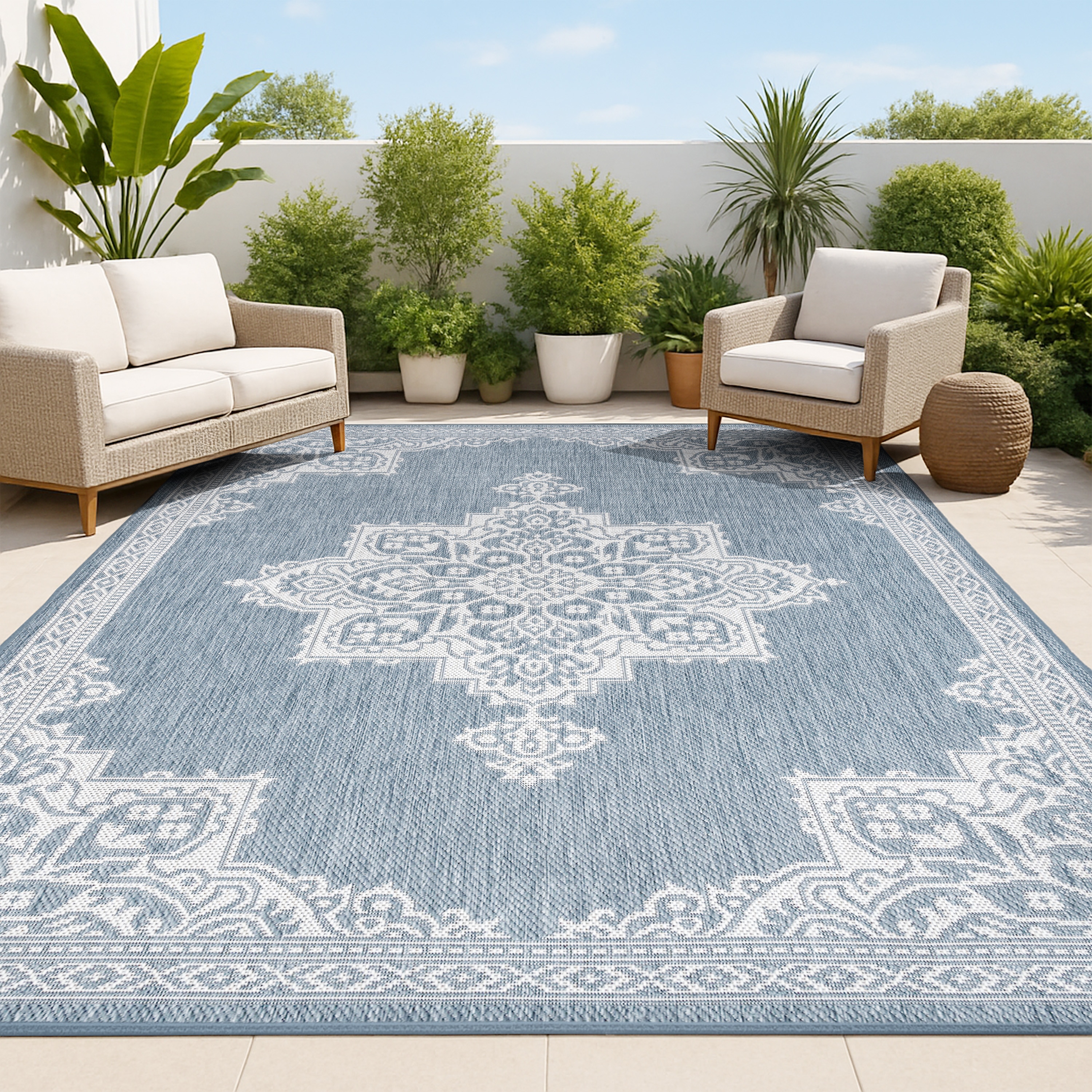 JONATHAN  Y SMB300C-8 SANTA MONICA Arden Vintage Casual Medallion 8 x 10 (ft) Loomed Blue/Cream Rectangular Indoor/Outdoor Medallion Vintage Pet Friendly Area rug