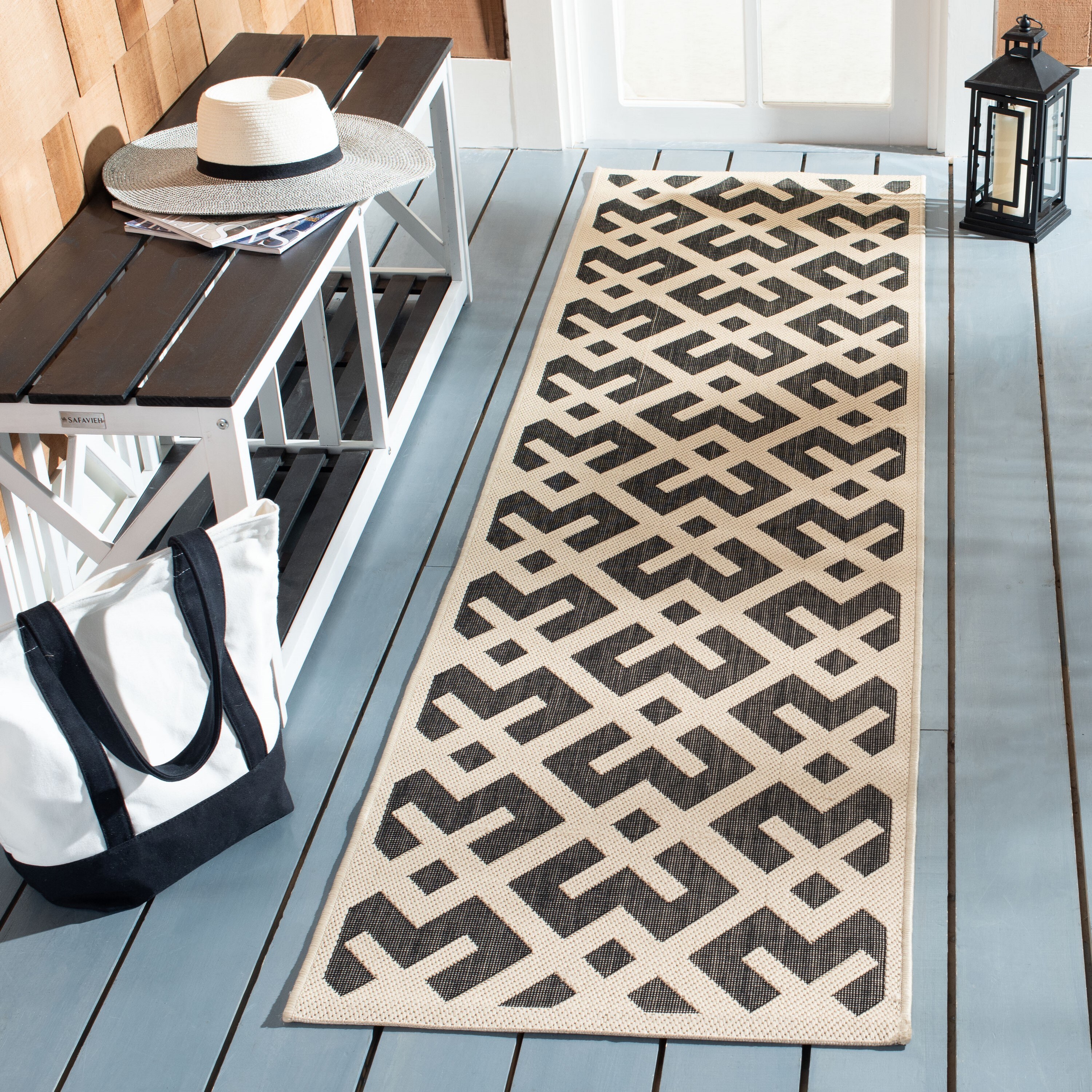 Safavieh CY6915-216-28 Courtyard Chateau 2 x 8 (ft) Loomed Polypropylene Black/Beige Rectangular Indoor/Outdoor Geometric Coastal Runner rug