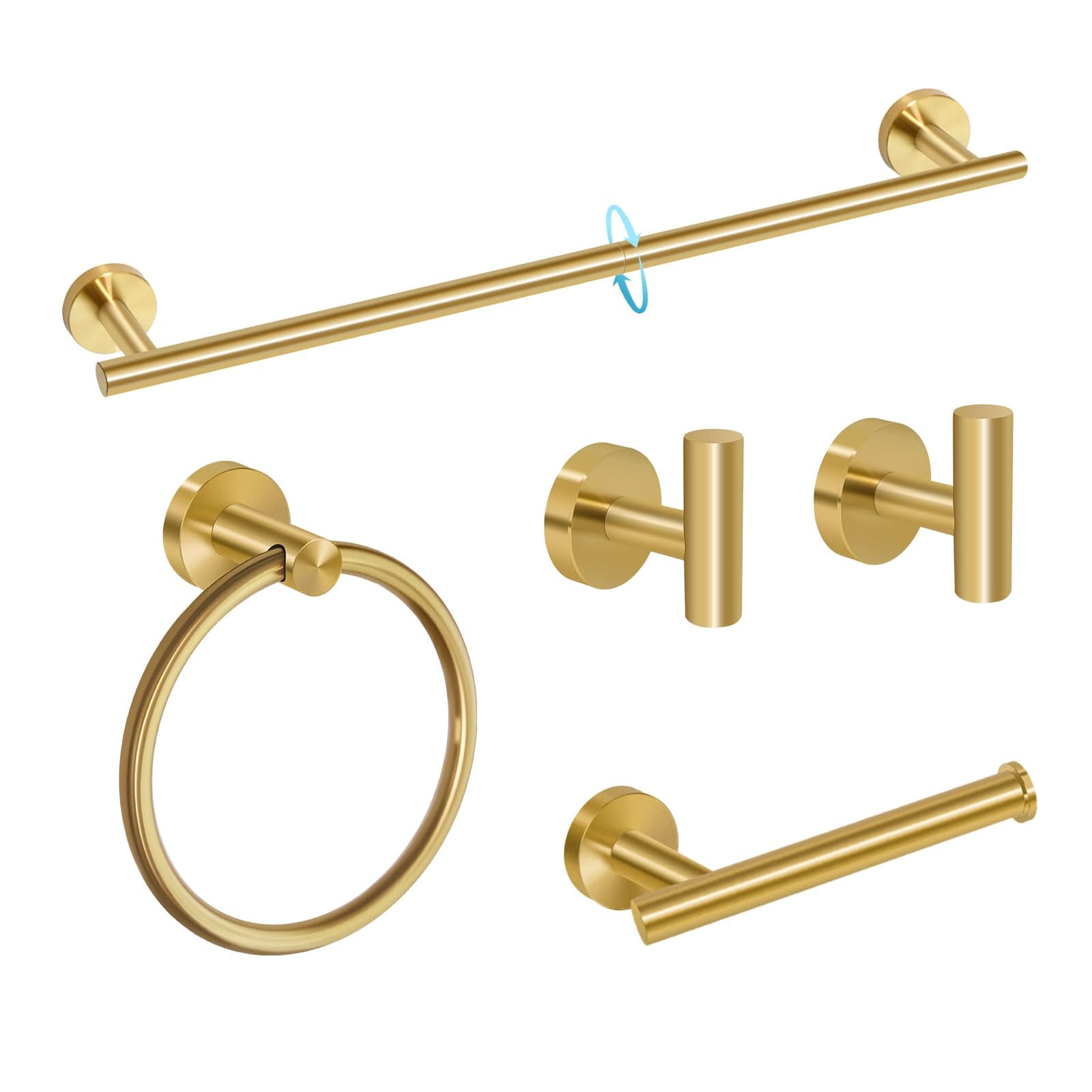 TNSO Brushed Gold 5-Pieces Set Brushed Stainless Steel Bathroom Hardware Set Wall Mounted Towel Rack Kit