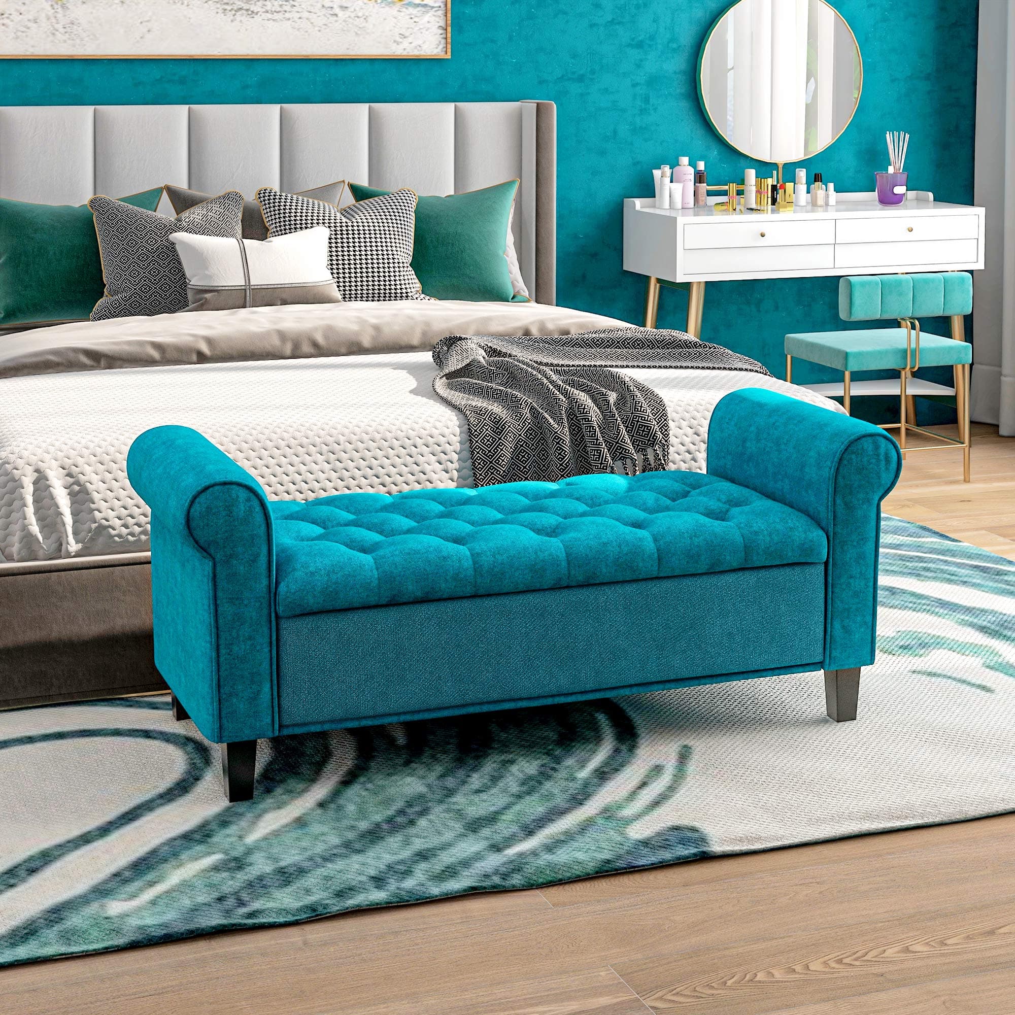 Lycvki Storage Ottoman Bench Casual Teal Accent Bench 49.5-in x 19-in x 22.5-in