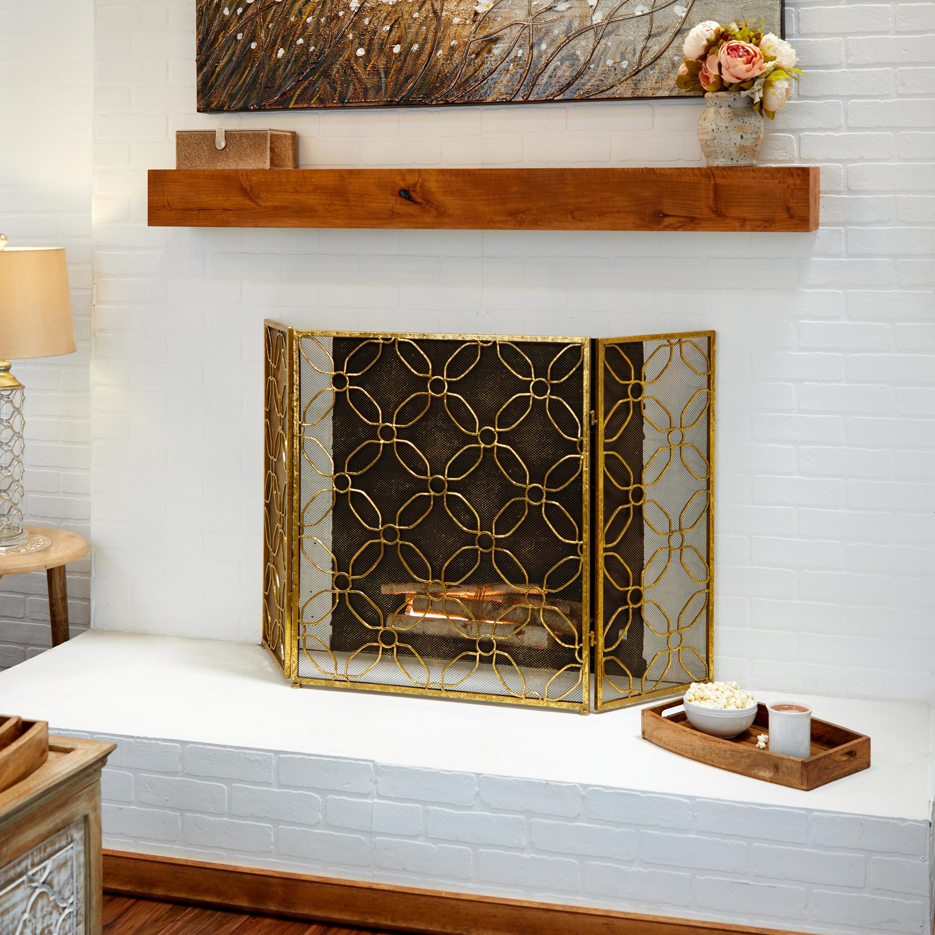 Grayson Lane 50383 53.0-in Gold 3 Panel Foldable Mesh Netting Iron 3.0 -Panel Flat Fireplace Screen