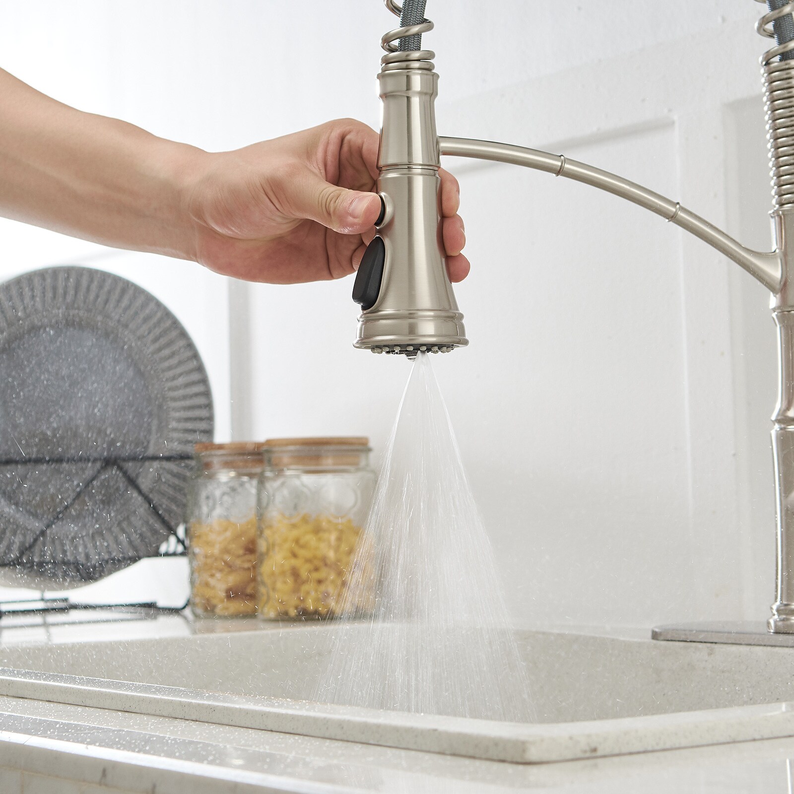 Brushed Nickel Single-Handle Pull-Down Kitchen Faucet with Deck Plate