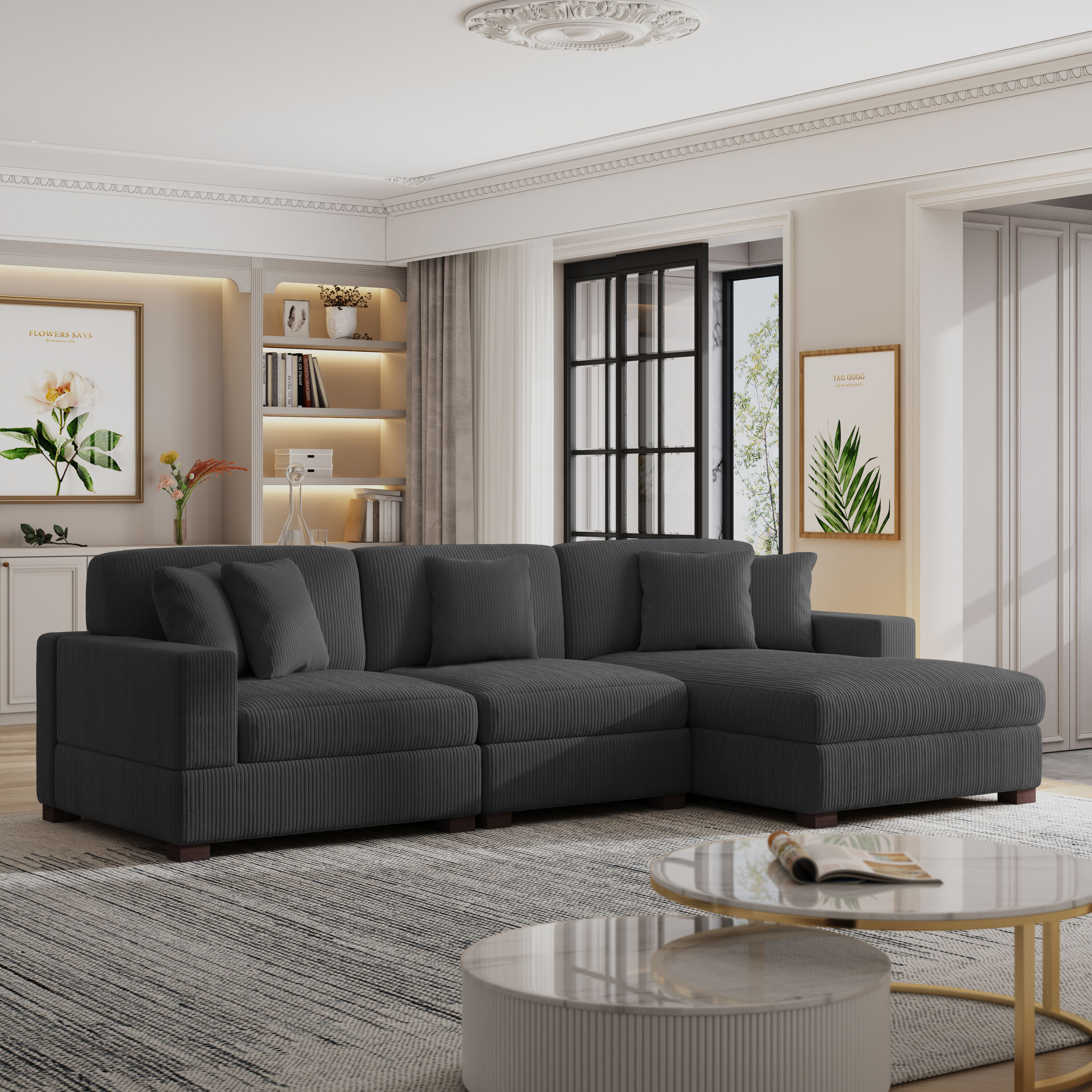 Dreamsidea Sectional Sofa 118-In W  4 Seaters Corduroy Modural Sofa Bed L-Shaped for Living Room Modern Style - Gray