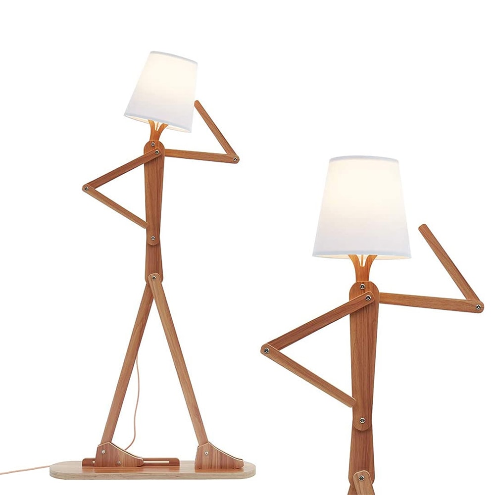  LDD-RX-BROWN 64-in Modern Brown Wood Floor Lamp, Adjustable Humanoid Shape Floor Lamp with White Fabric Shade