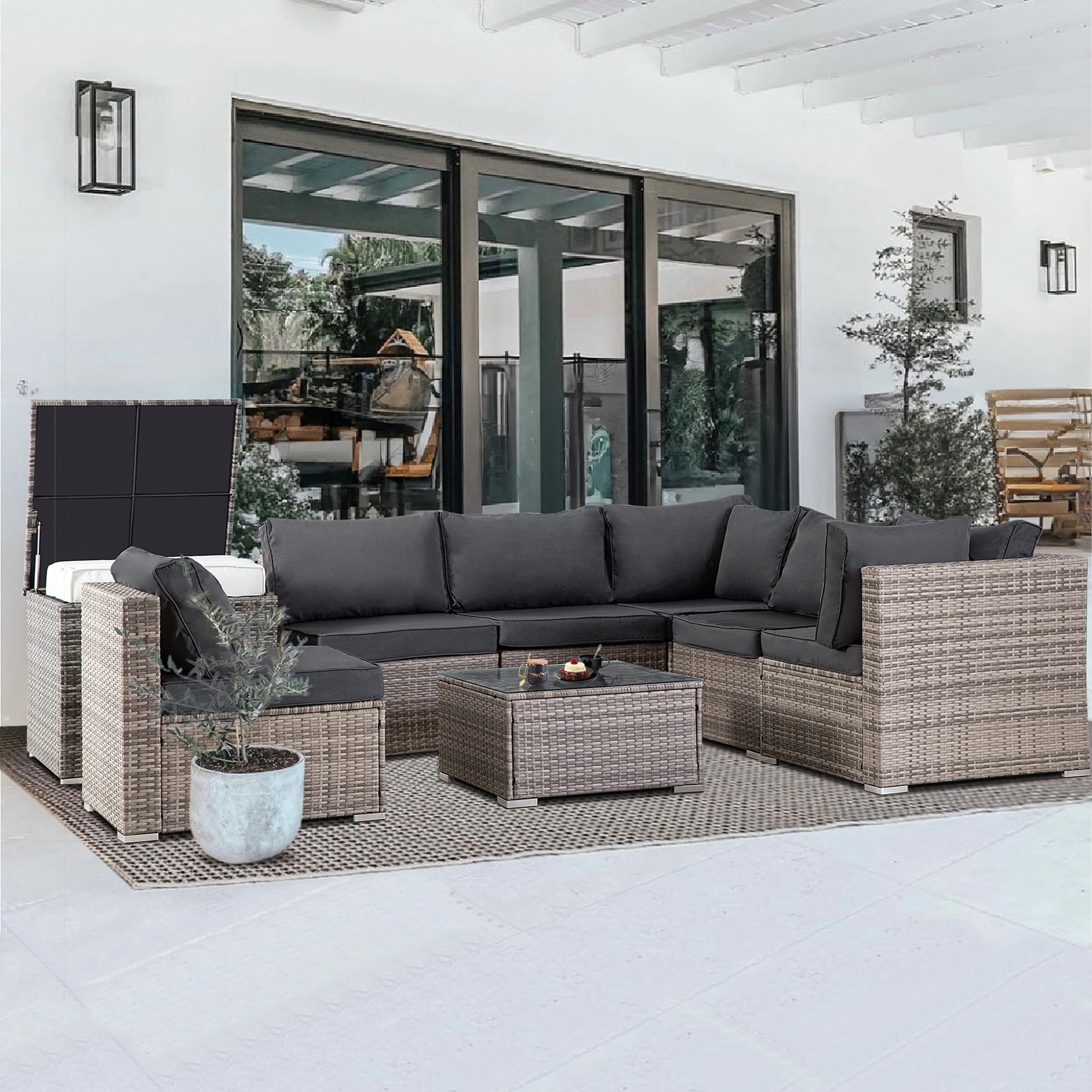 FOREST HOME 7-Piece Rattan Patio Conversation Set with Gray Cushions at