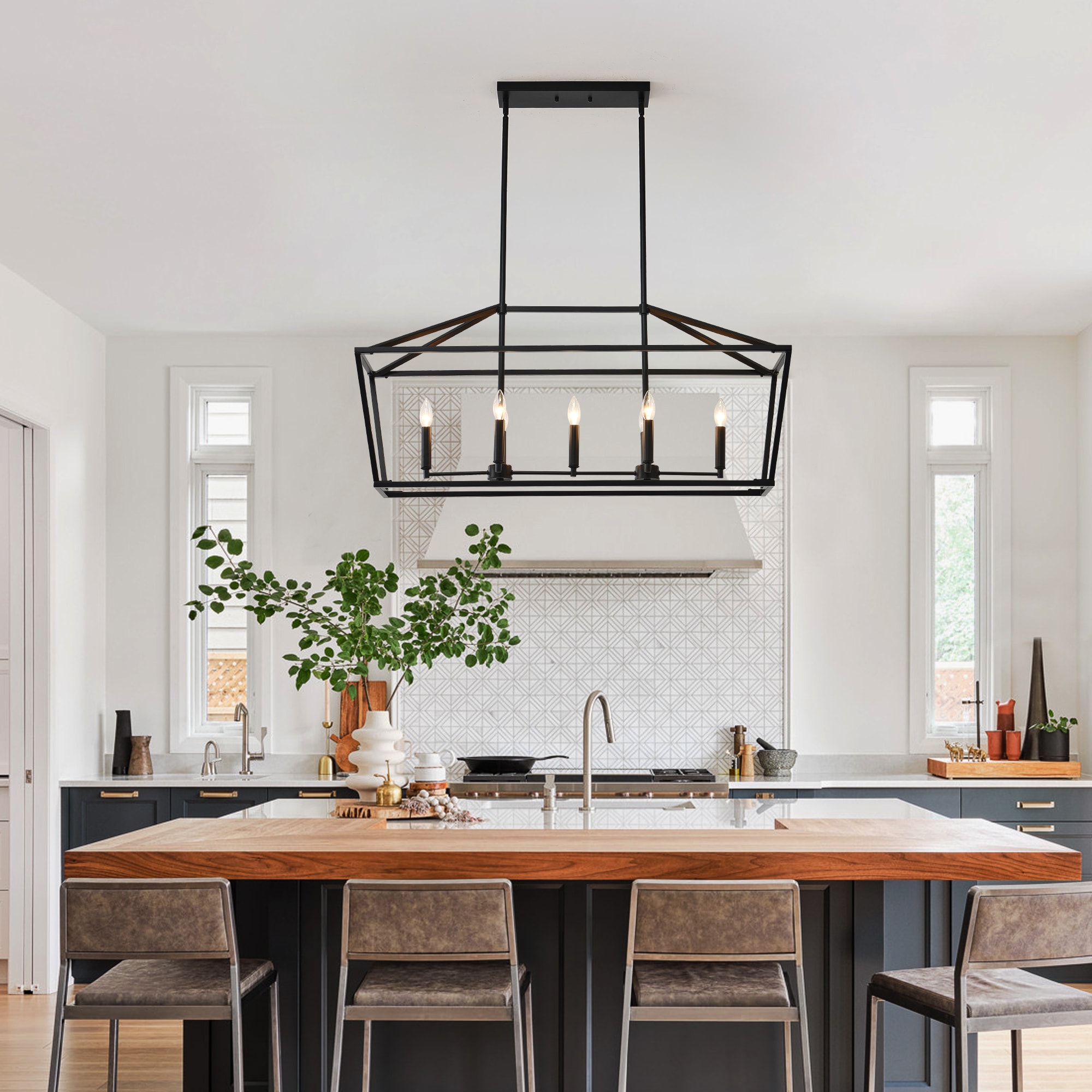 Tinyhomie 7-Light Farmhouse Kitchen Island Lighting 5 Light Industrial Linear Chandelier for Dining Room Metal Matte Black Finish Hanging Pendant Light Fixture for Bedroom Living Room Hallway Conference Room