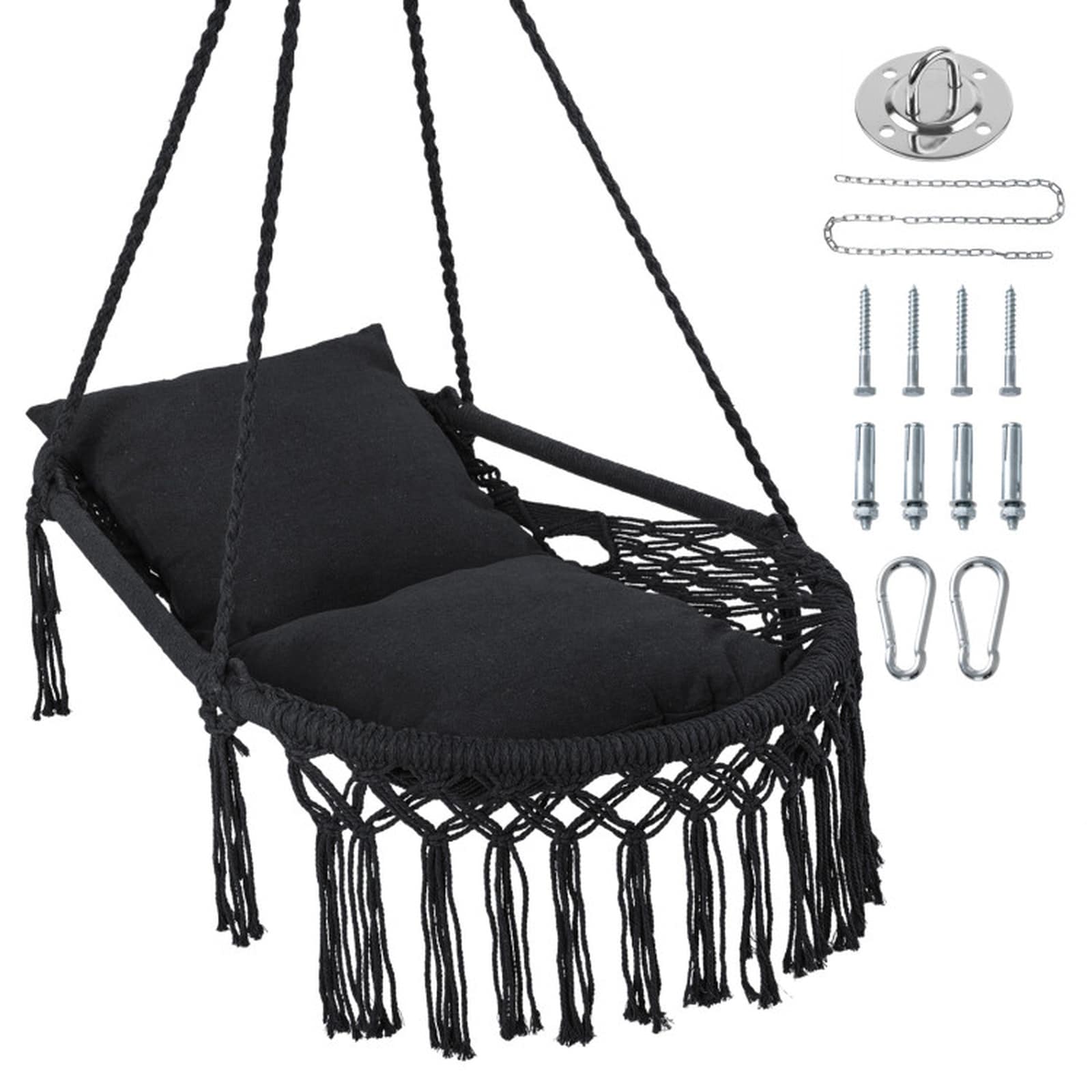 SUGIFT Macrame Hammock Swing Chair Hanging Chair 39 x 26.5 x 34-in 330-lb Capacity Braided Polyester Cotton Rope Solid Metal Ring 2 Removable 18.5 x 18-in Cushion Boho Fringe 1 Point or 2 Point Hang Folds Flat Indoor Outdoor Black