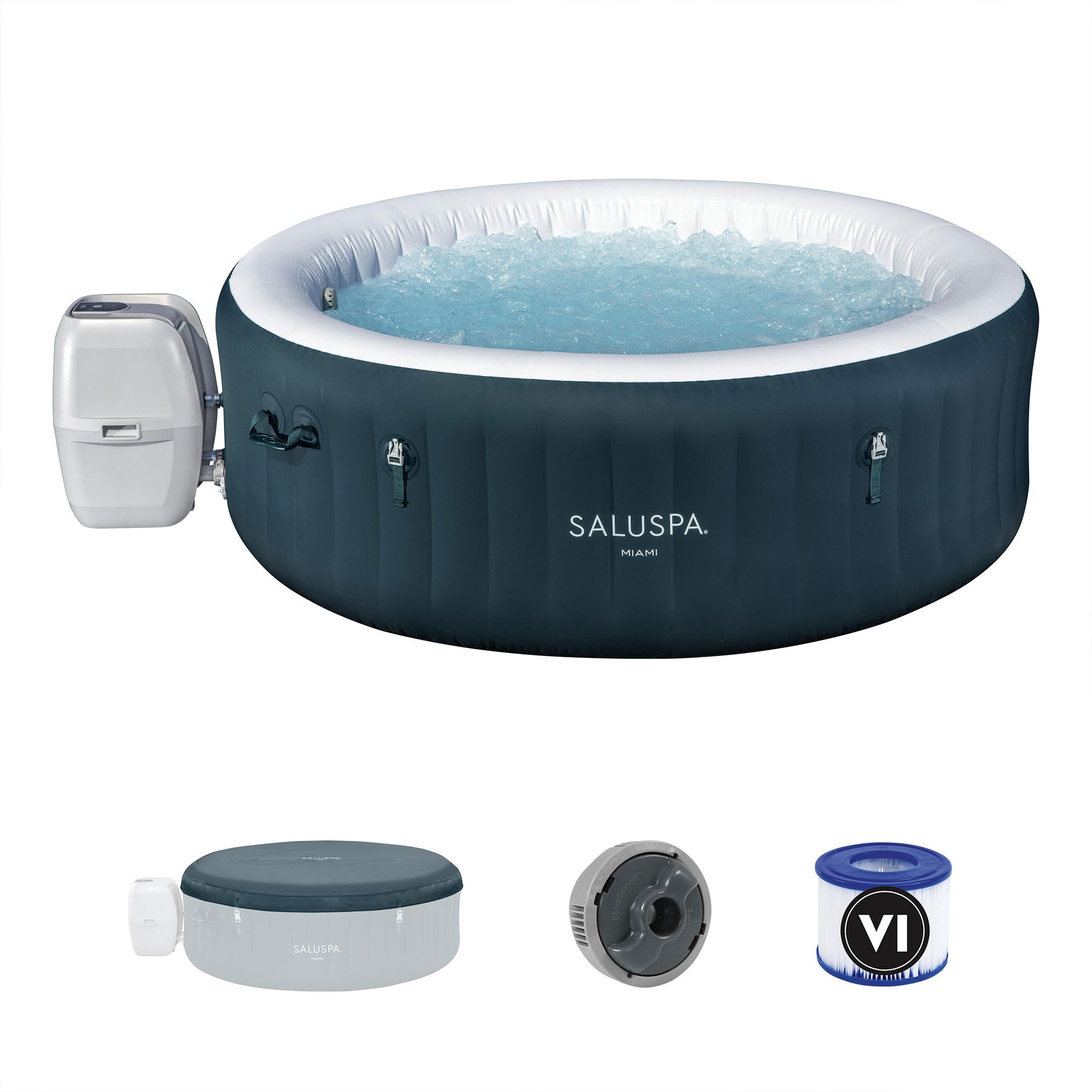 Bestway 407725 SaluSpa Miami AirJet 4-6 Person Inflatable Hot Tub Round Portable Outdoor Spa with 140 AirJets and EnergySense Energy Saving Cover Dark Green