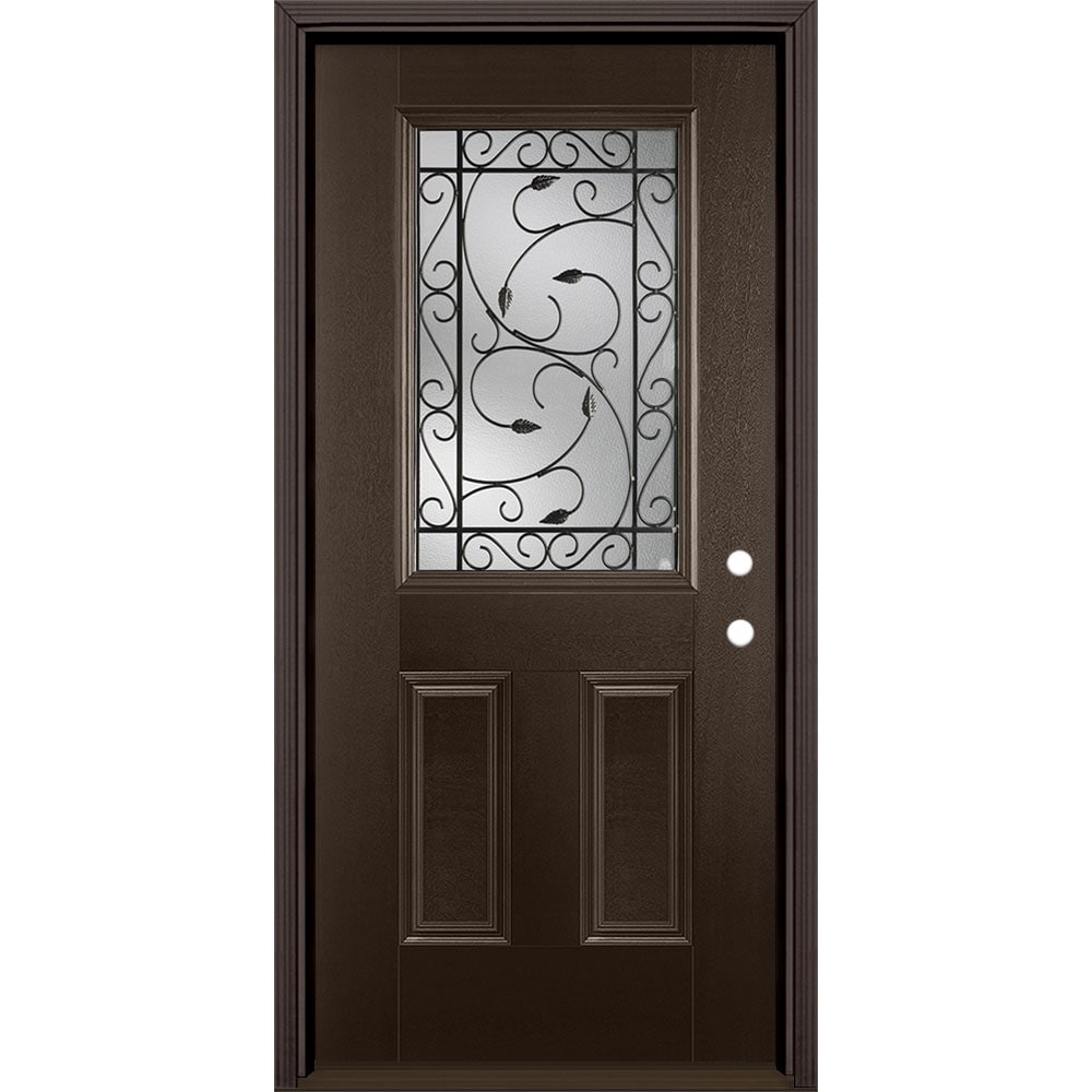 Masonite 3422367 Pergola 36-in x 80-in x 4-9/16-in Fiberglass Half lite Left-hand inswing Walnut Stained Prehung Front Door with Brickmould Insulating core