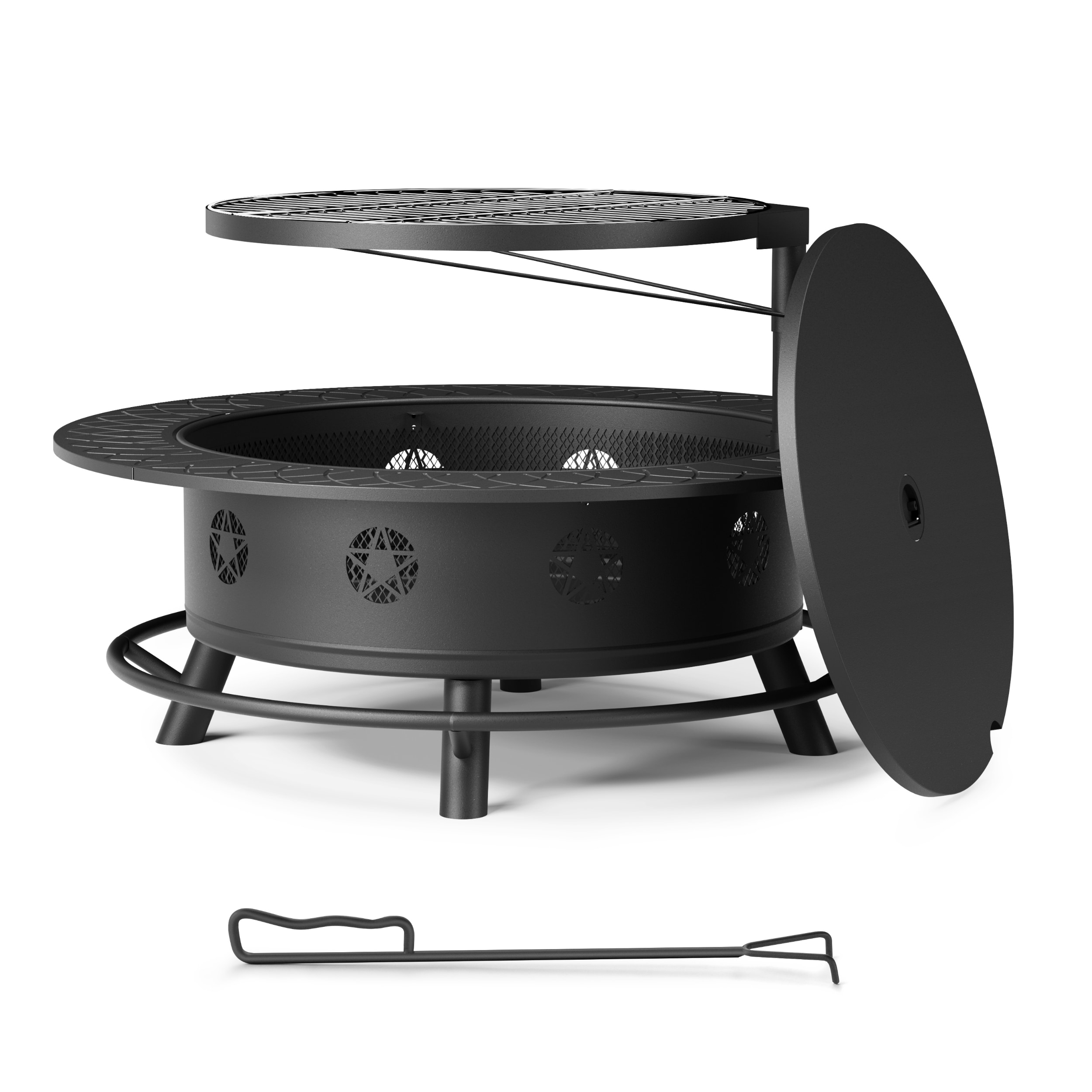 Vicinity 43 Inch Fire Pit with BBQ Grill Wood Burning Fire Pits for Outside with Lid with Poker