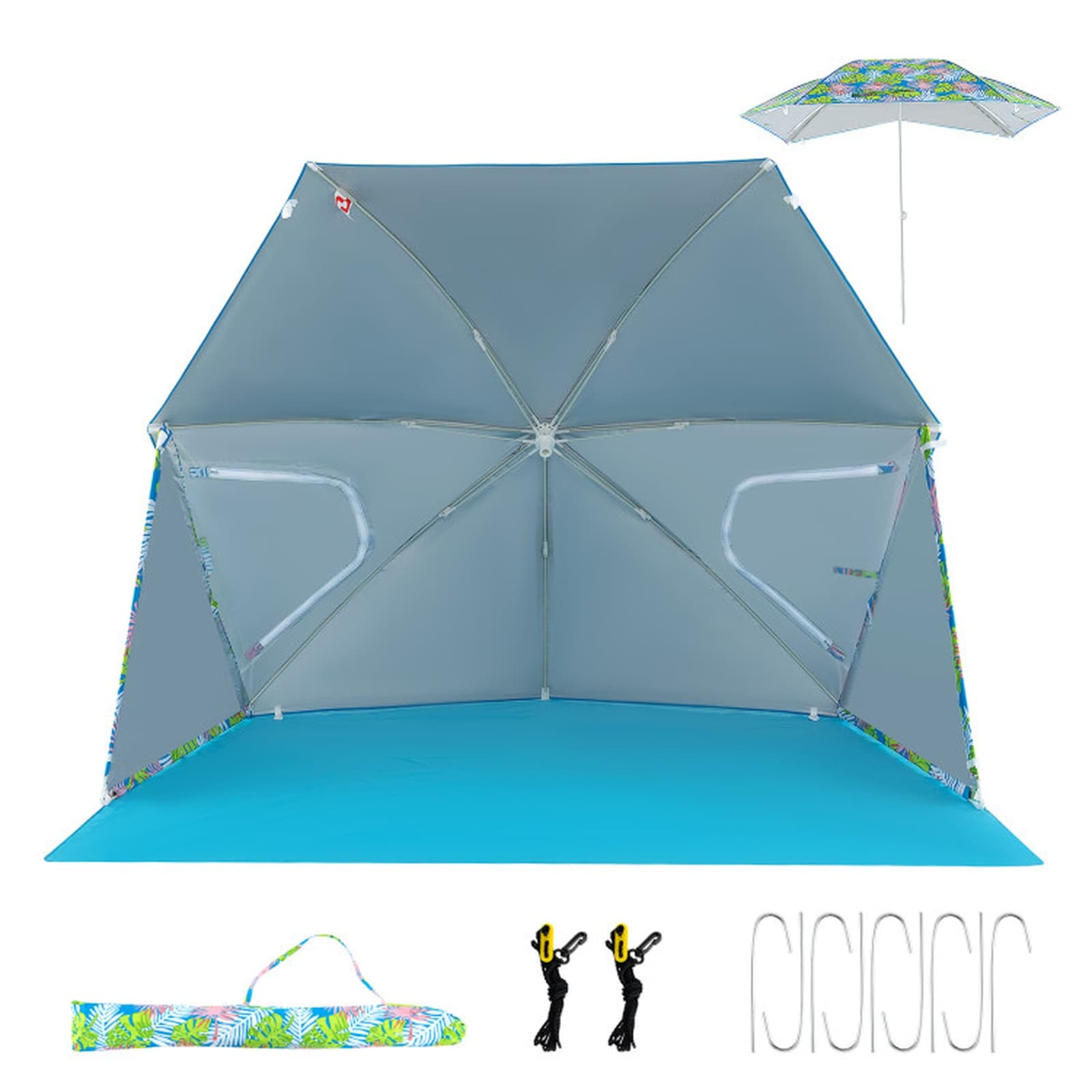 SUGIFT UPF50+ Beach Umbrella Tent 2-in-1 7.6 x 7-ft Sun Shelter with Silver Coating 9 Wind Stakes 2 Mesh Windows Carrying Bag-Blue