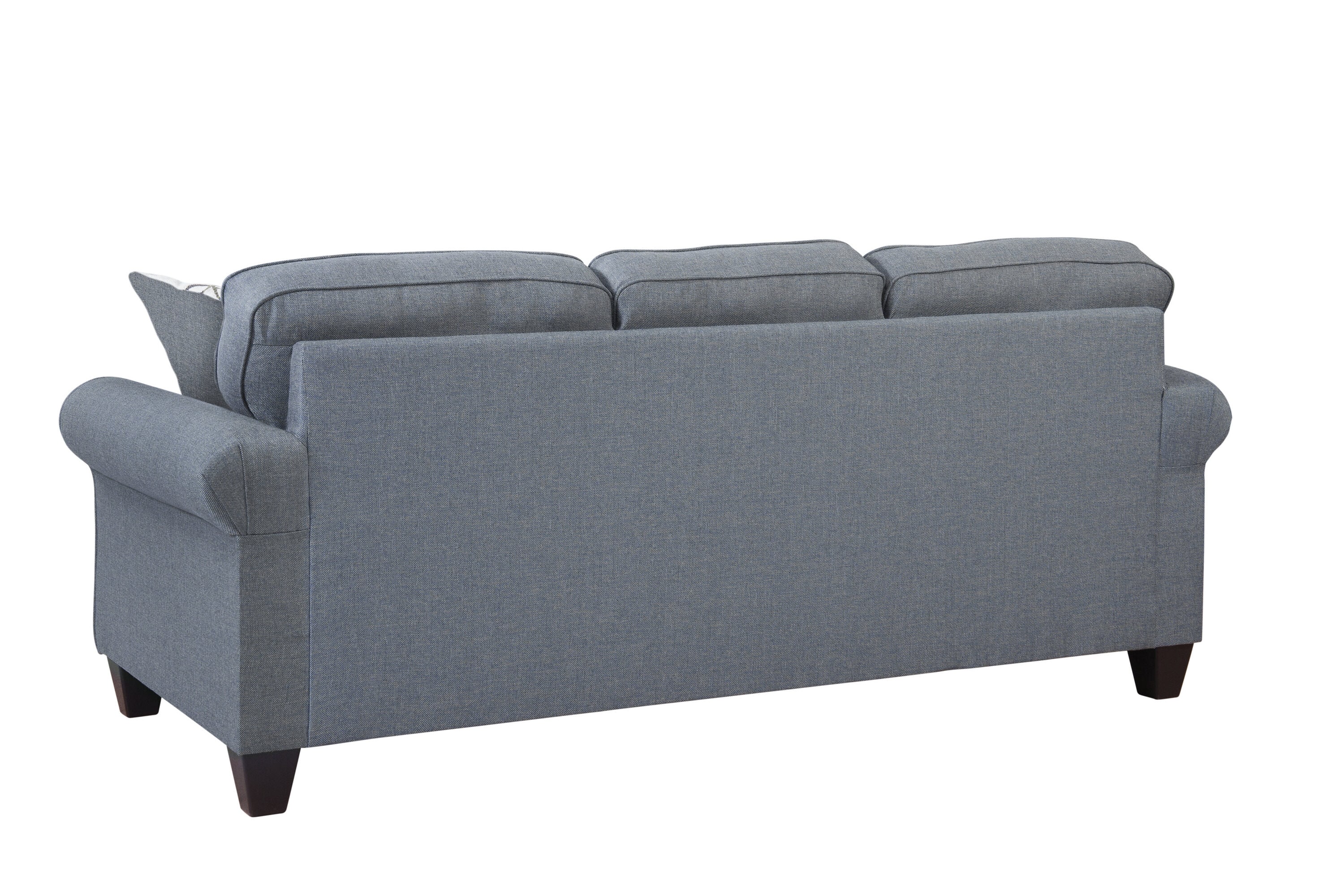 Classic Cottage Blue Fabric Sofa with Rolled Arms and Pillows