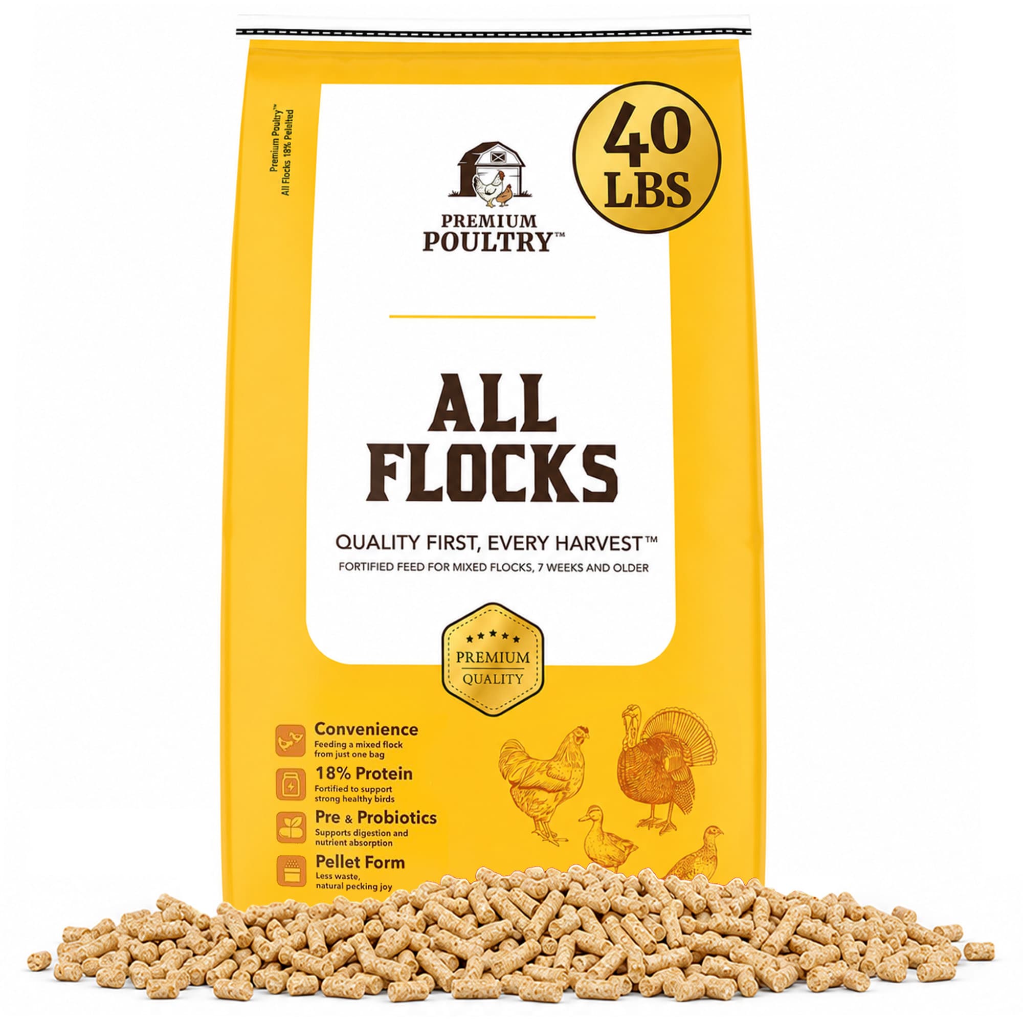 Premium Poultry -  All Flocks Feed Pellets 18 percent Protein for Mixed Flocks 40 Pounds