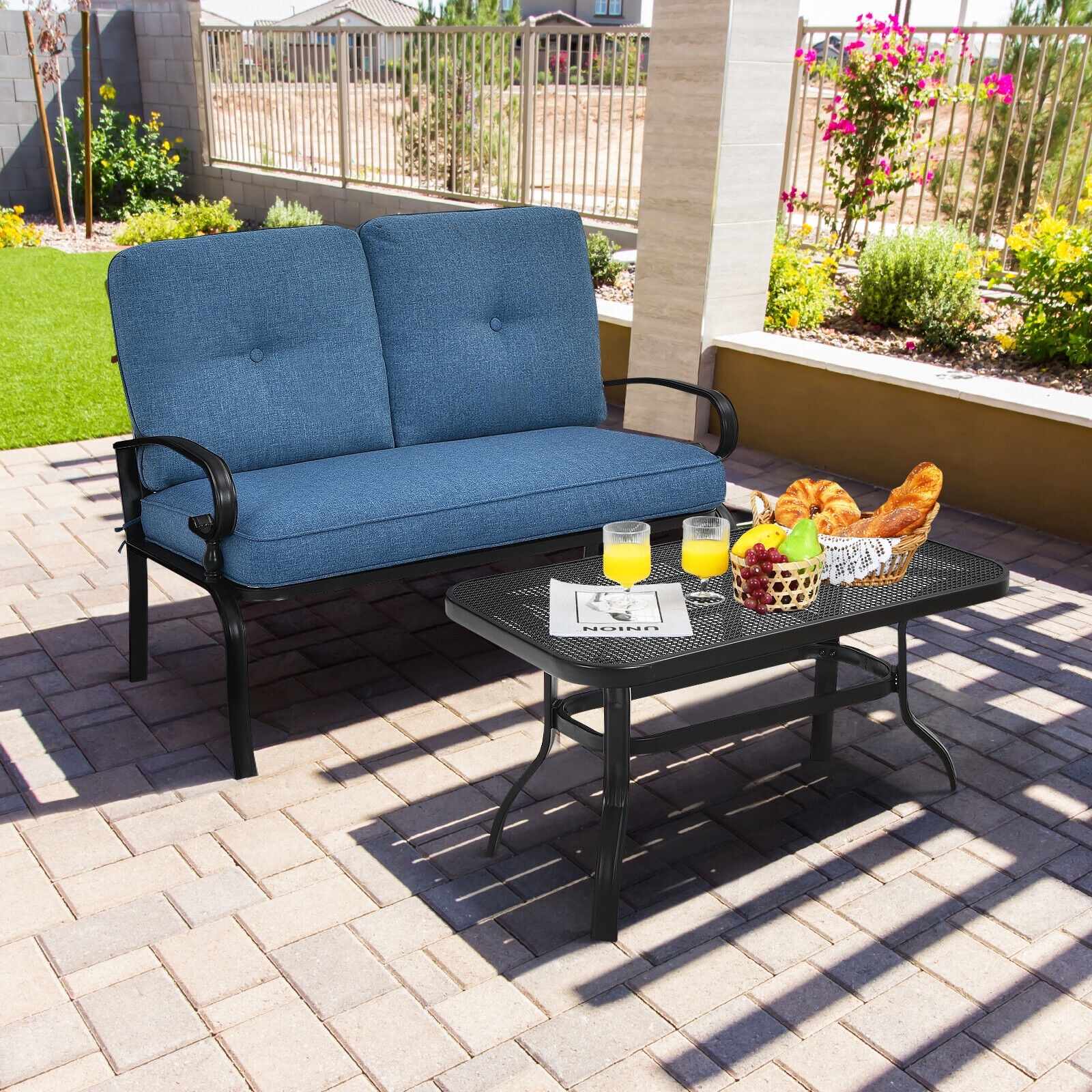 Forclover HBV-0651 2 Pieces Patio Loveseat Bench Table Furniture Set 2 -Piece Patio Conversation Set with Blue Blue Cushions