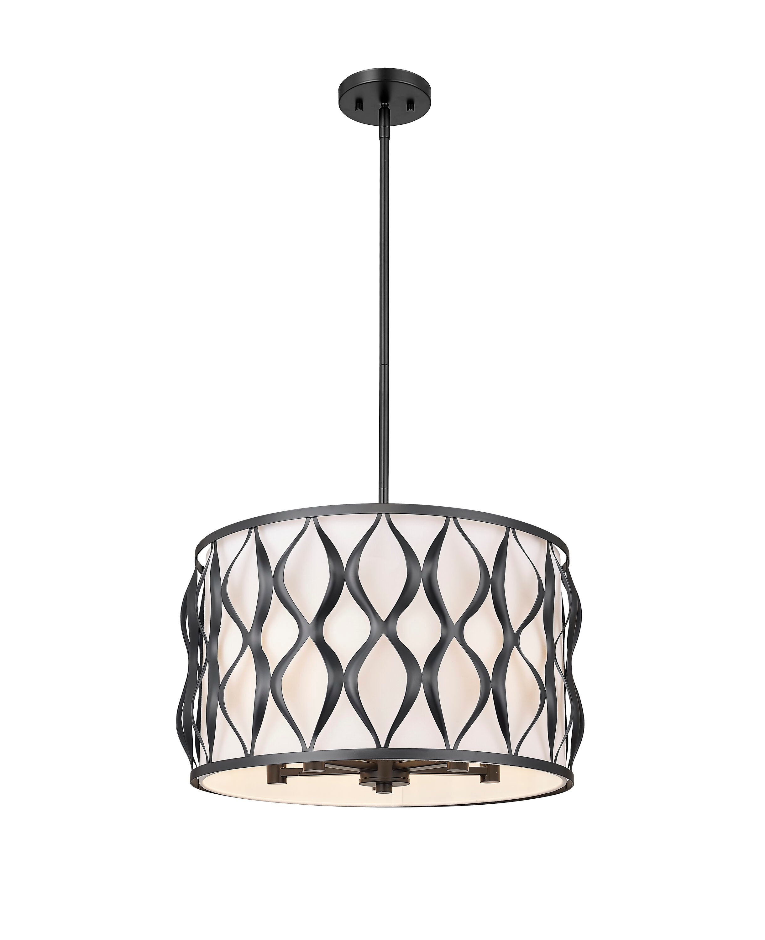Harden Matte Black Steel Drum Pendant Light with White Fabric Shade