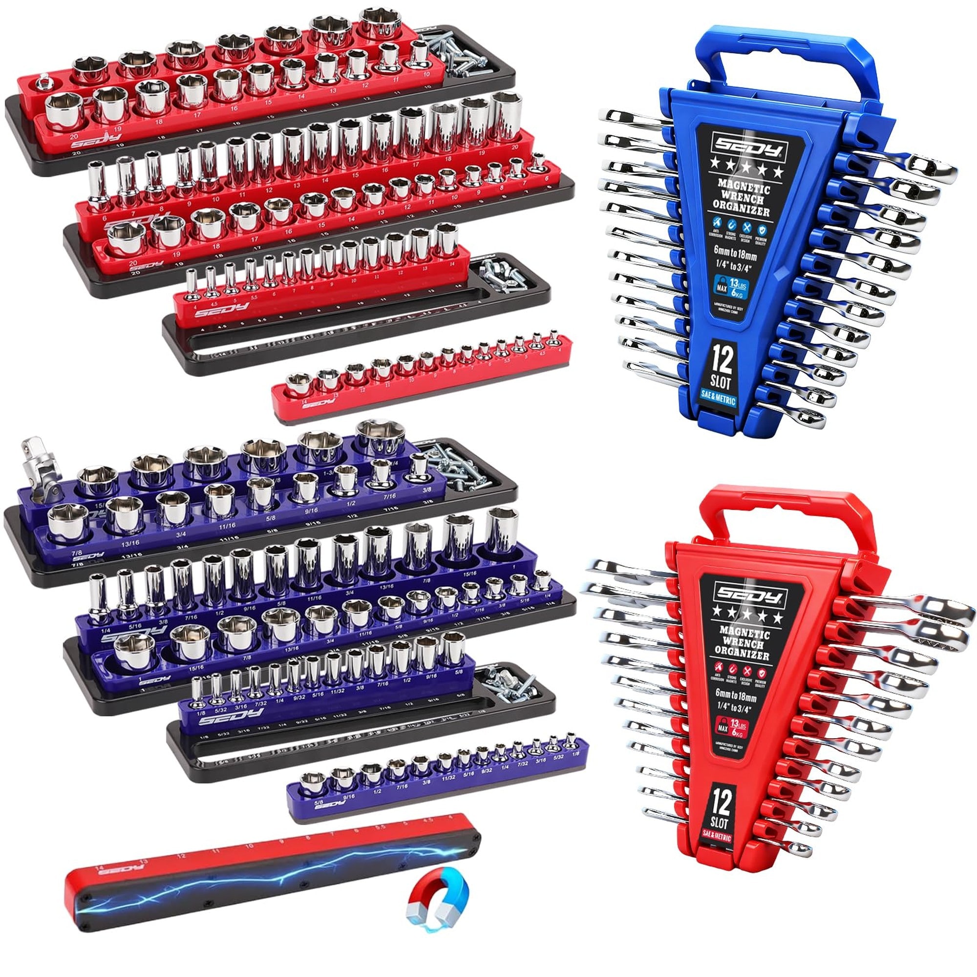 Angel Sar 8 Pcs Magnetic Socket and Wrench Organizer Set Metric SAE Drive Detachable Storage Tray with Wrench Holder for Toolbox Drawer