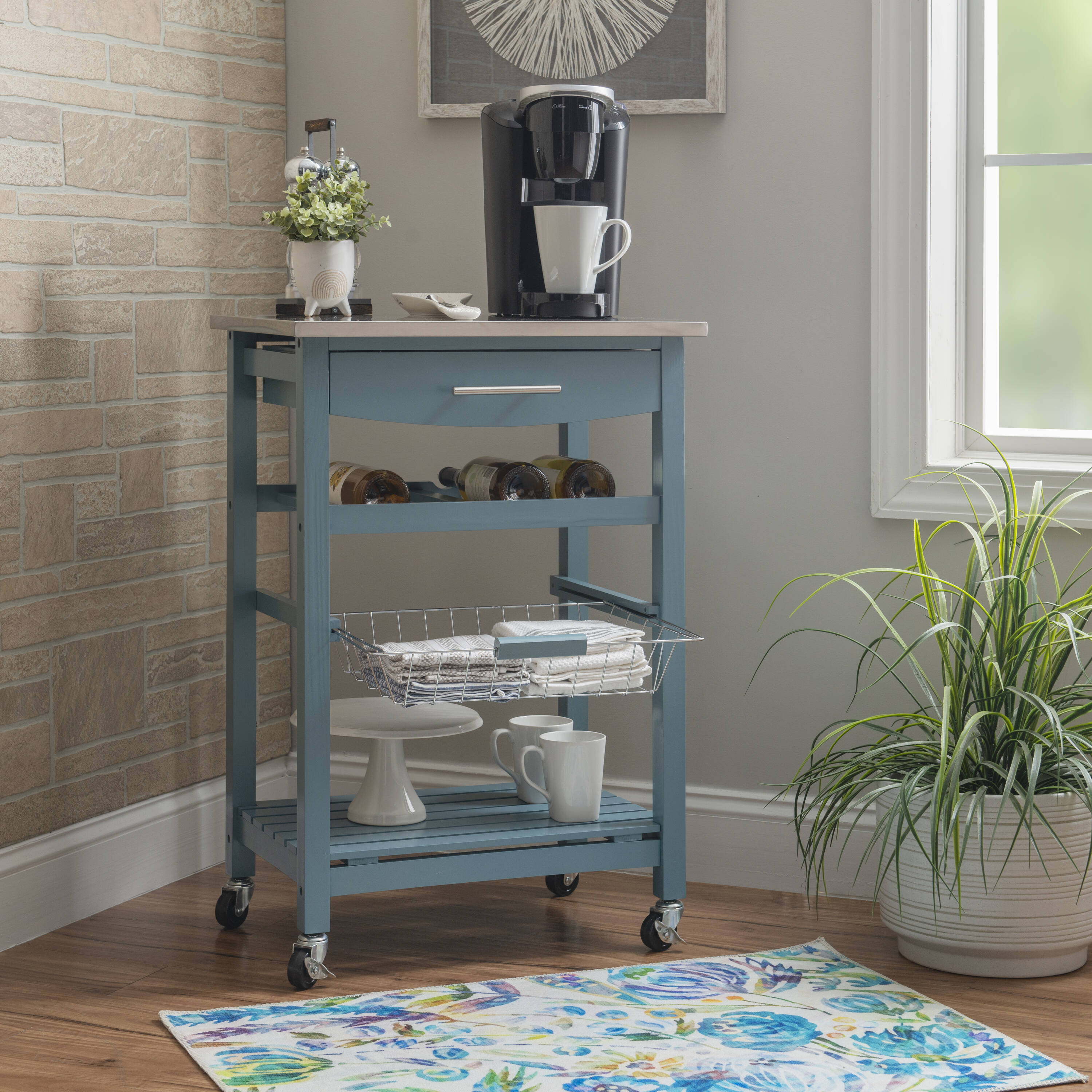 Linon KI092BLU01U Blue Wood Base with Stainless steel Metal Top Rolling Kitchen Cart ( 22.88-in x 15.75-in x 33.88-in )