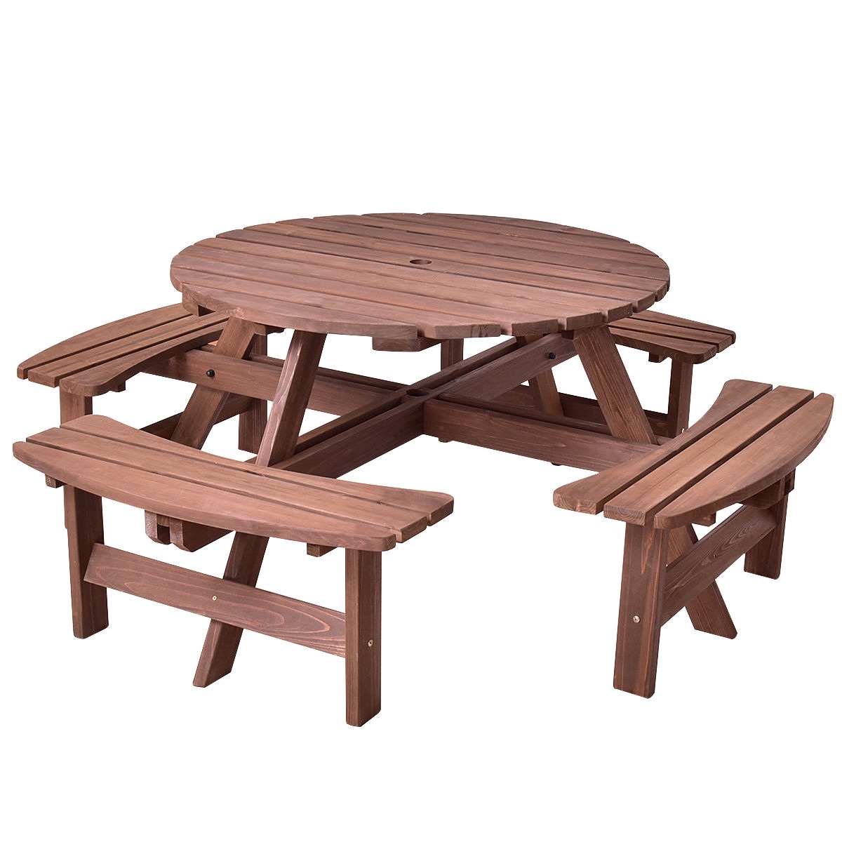 Forclover HYFC-5PS444 Patio Dinning Bench Set Natural Patio Dining Set Wood Round Table with 4 Stationary Chairs