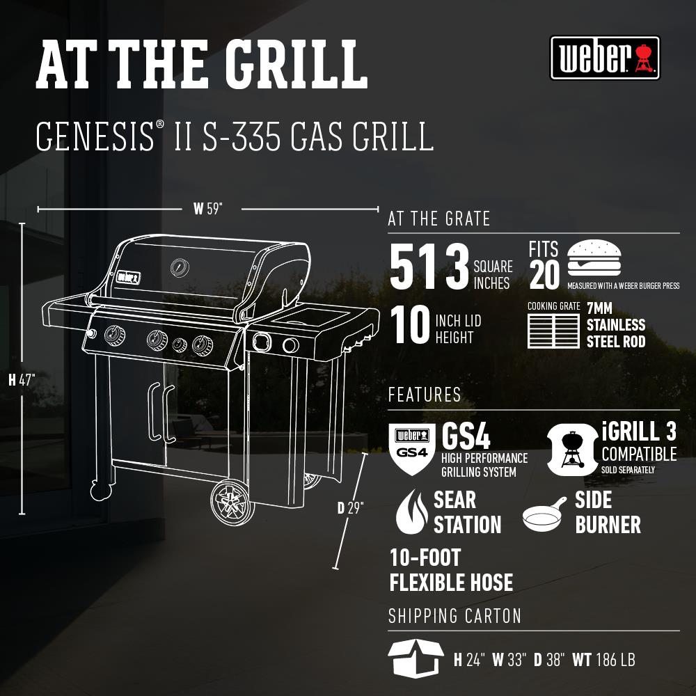 Weber Genesis II S-335 Stainless Steel 3-Burner Natural Gas Grill With ...