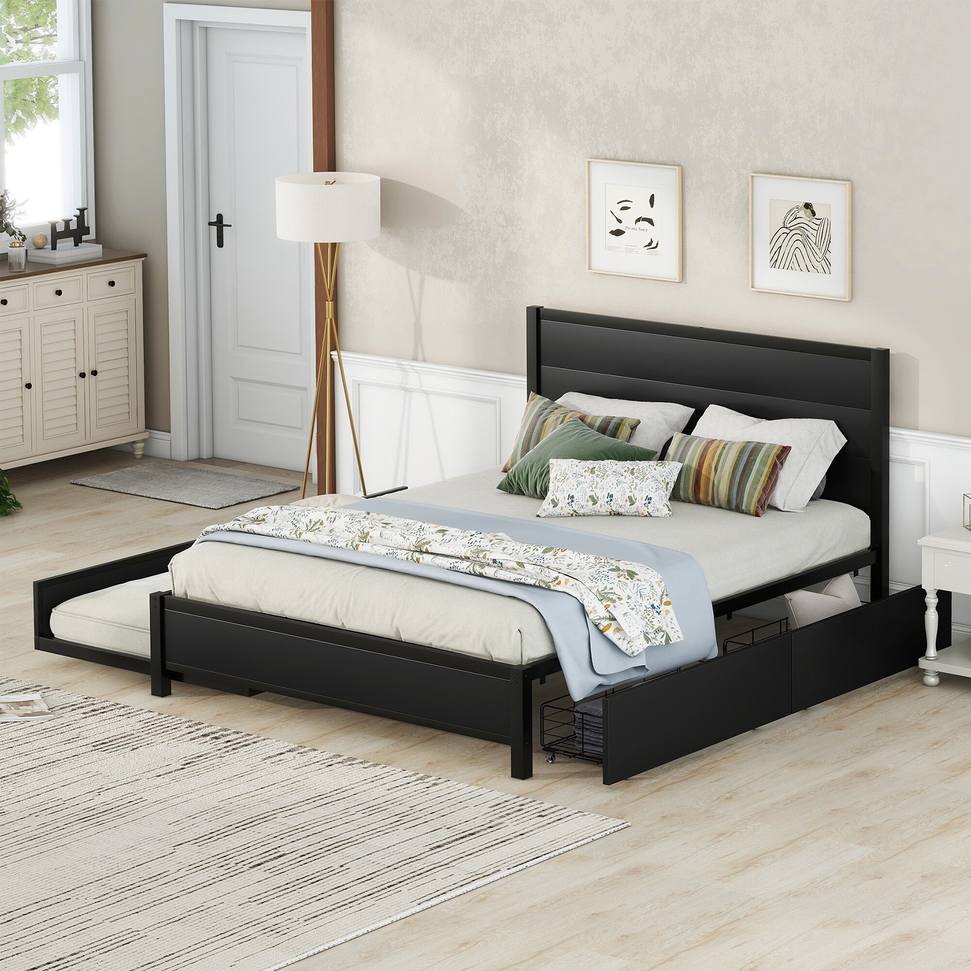 Clihome WM-1918WF77-AP Metal Queen Size Storage Platform Bed Black Queen Metal Platform Bed with Storage