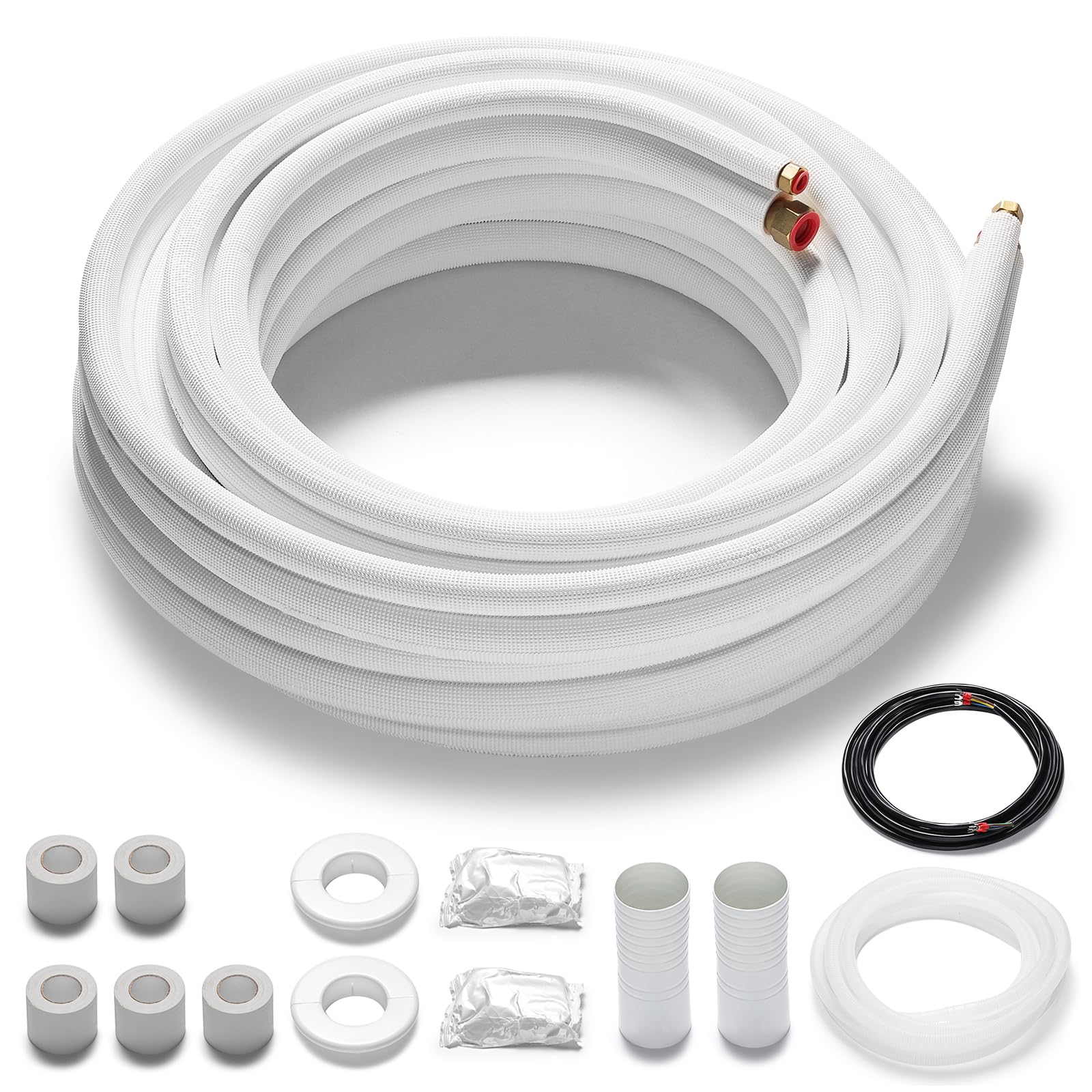 TURBRO  50 Ft Mini Split Line Set 1 by 4 and 1 by 2 O D Copper Pipes Tubing Thickened PE Insulated Coil Copper Line for Mini Split Heat Pump Air Conditioner HVAC Unit with Flared Nuts and Brass Fittings