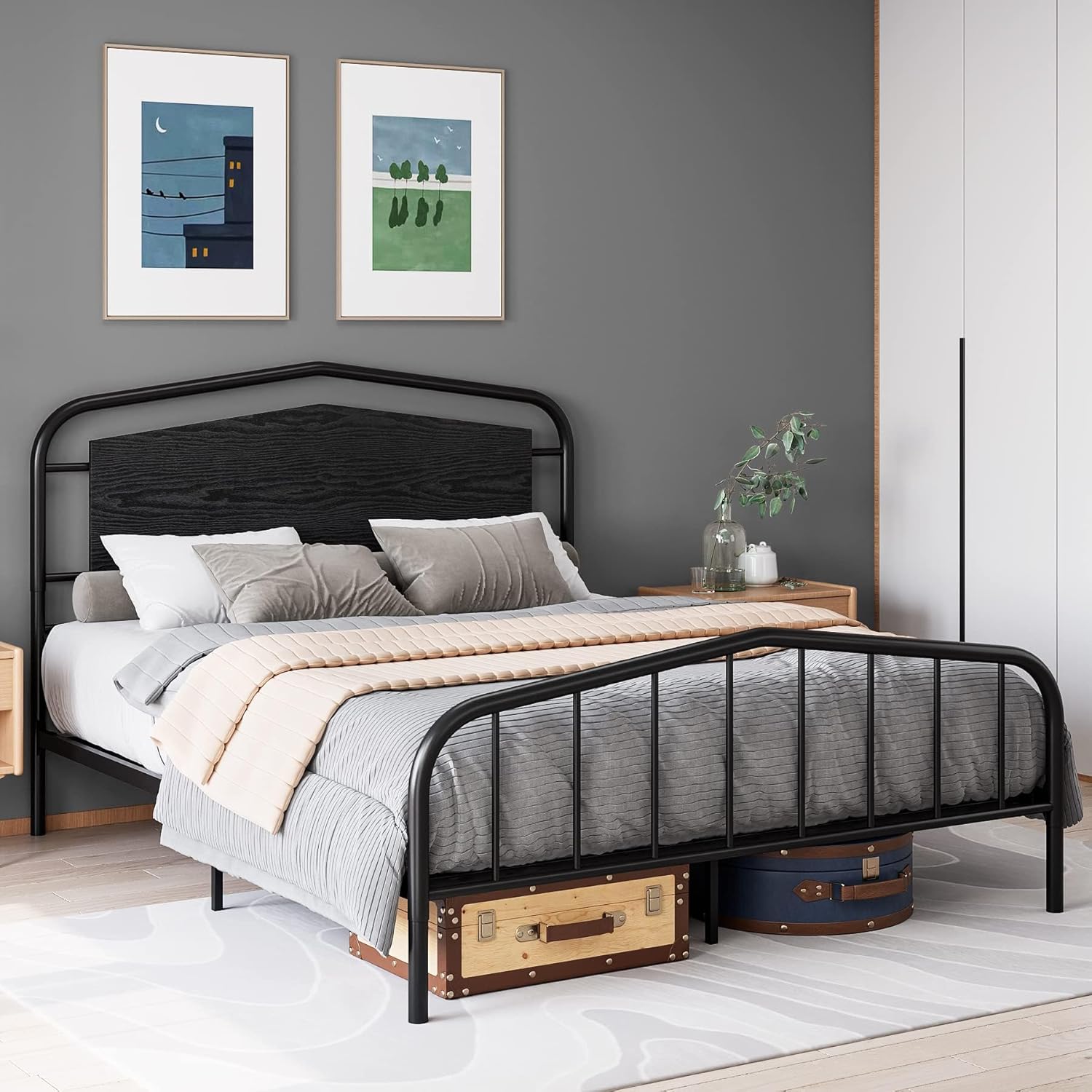 Qeetex LHF-BED-PHO-0WB4DC4K Metal Bed Frame with Wooden Headboard Wrought Iron Metal Platform Bed Frame No-Squeak Under Bed Storage No Box Spring Required Easy Assembly for Bedroom Queen