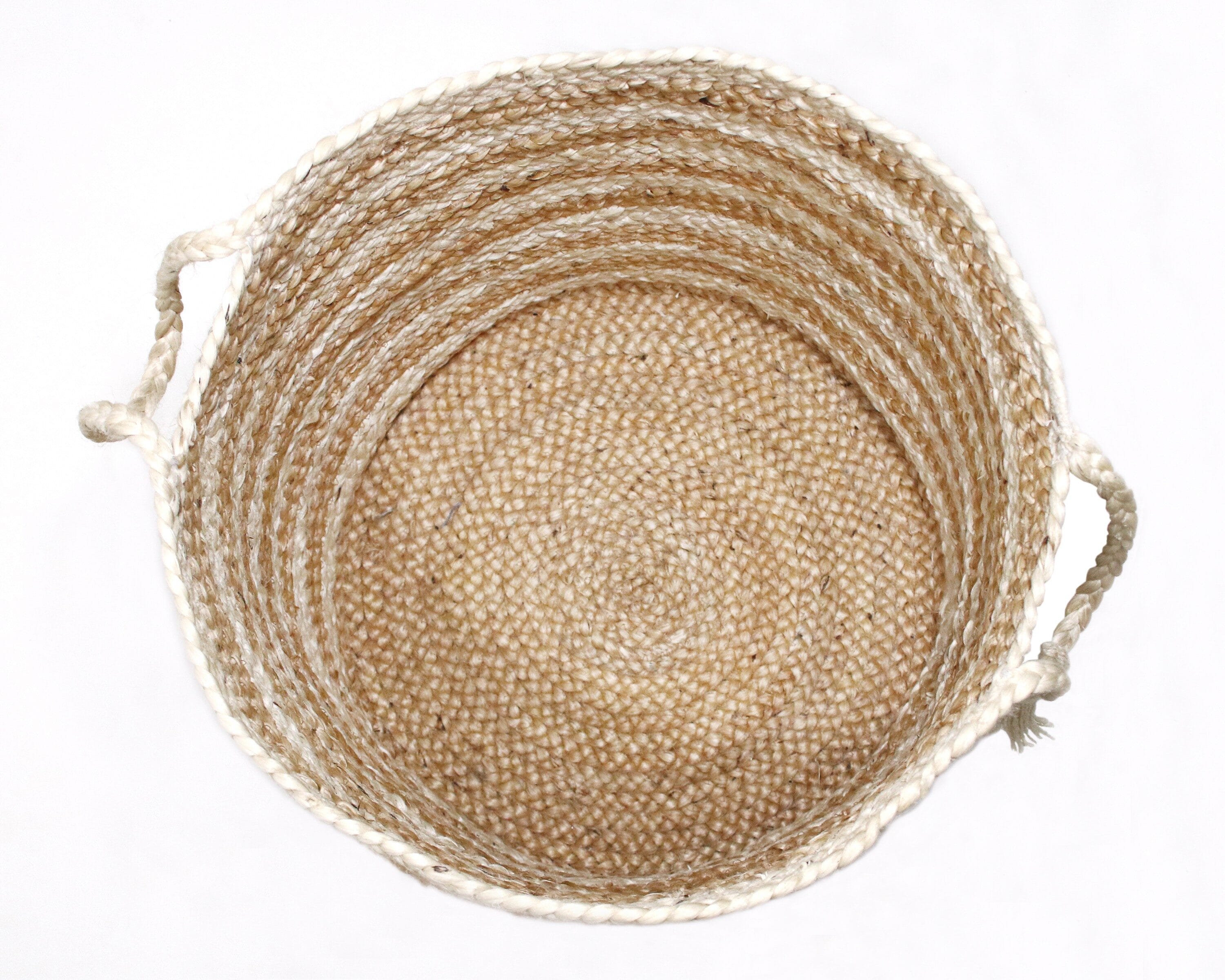 Handmade Striped Natural Jute Round Storage Basket with Handles