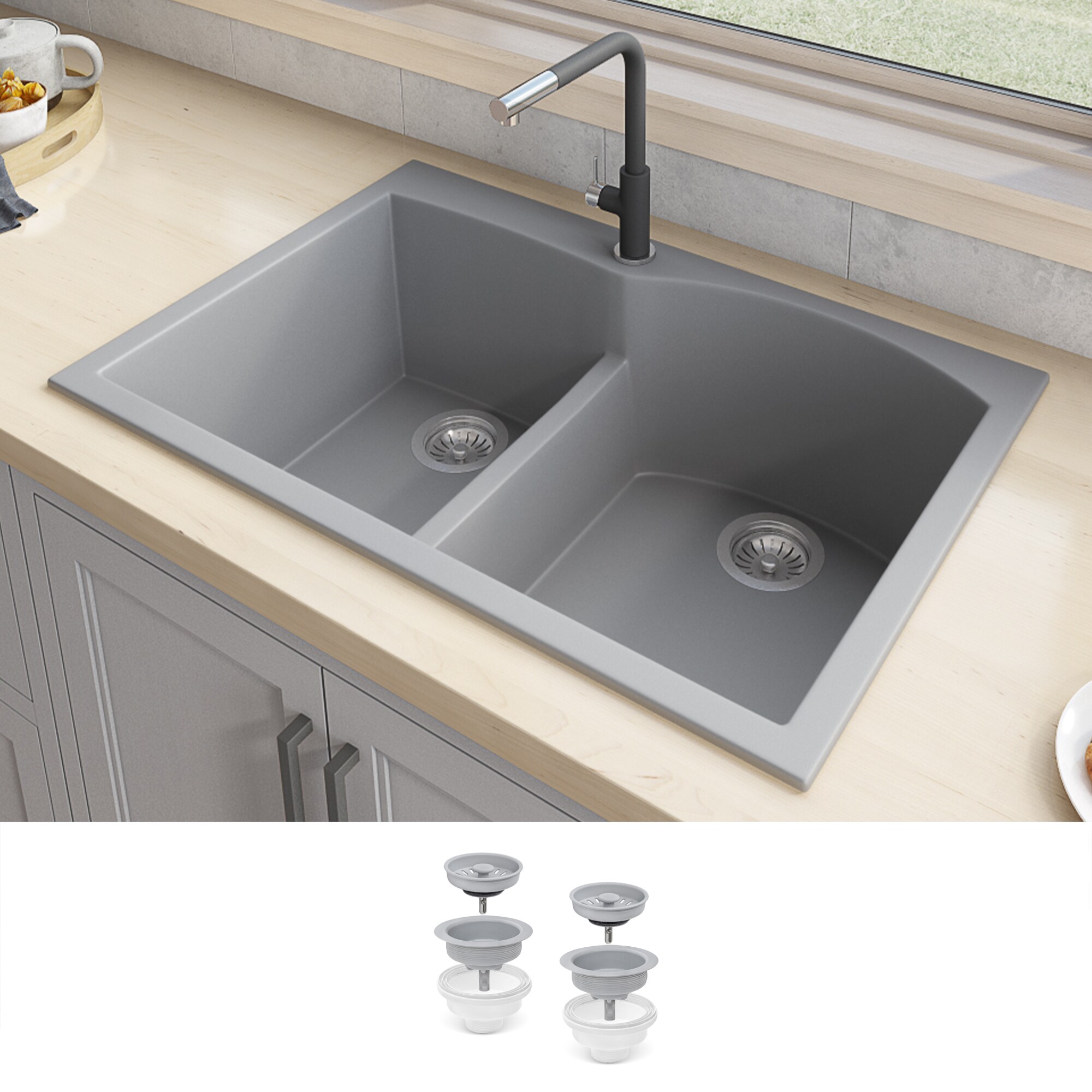 Silver Gray Stone Double Bowl Drop-in Kitchen Sink