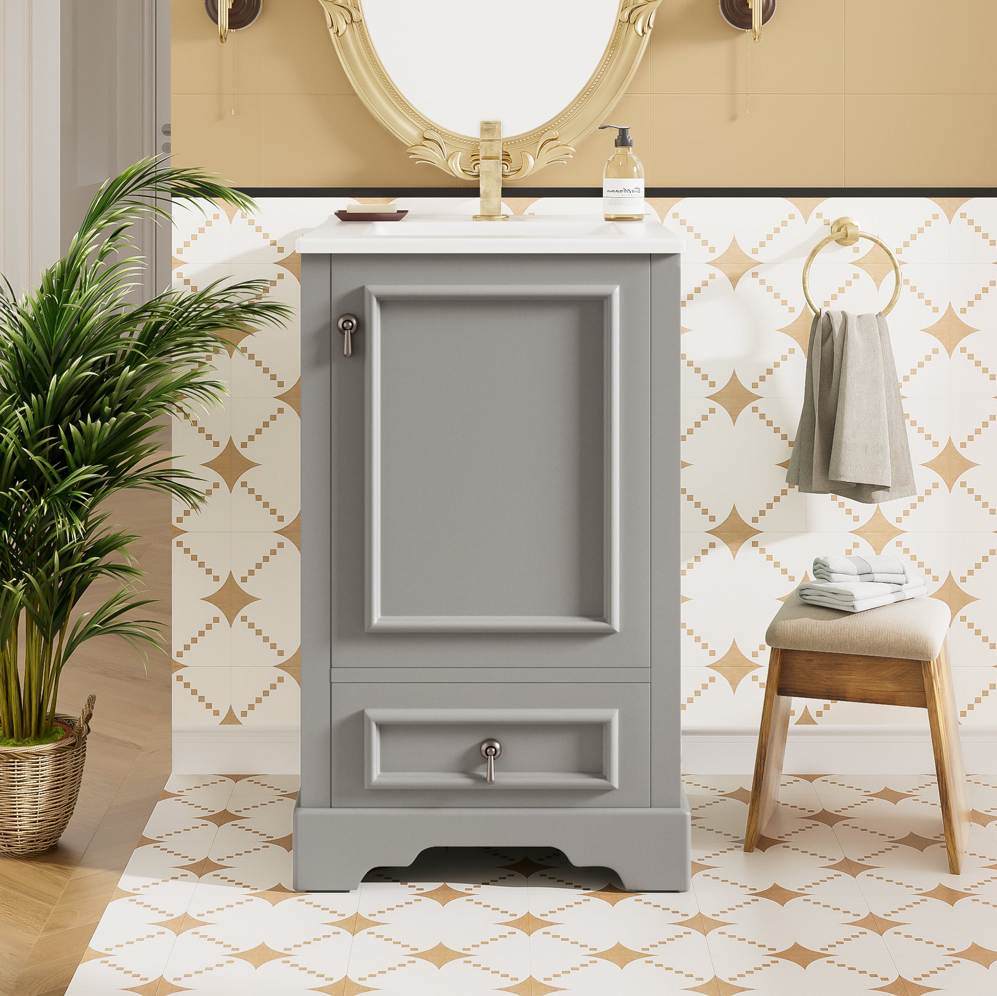 Boyel Living BL-VY-9505E 20 Inch Gray Bathroom Vanity with Ceramic Sink and Soft Close Door and Adjustable U-Shaped Shelf and Compartment Drawer and Door Storage Rack